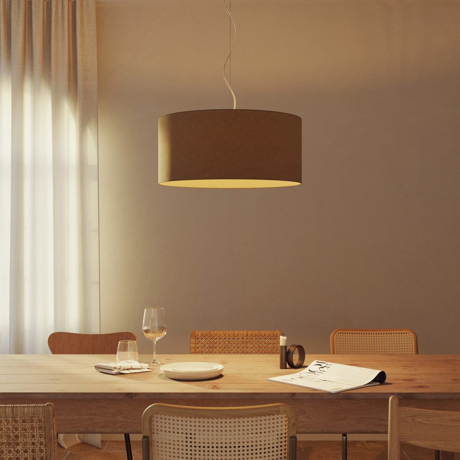 Abat-jour Cylindre XXL en tissu avec douille E27 - Fabriqué en Italie - Laine Marron - Image 2