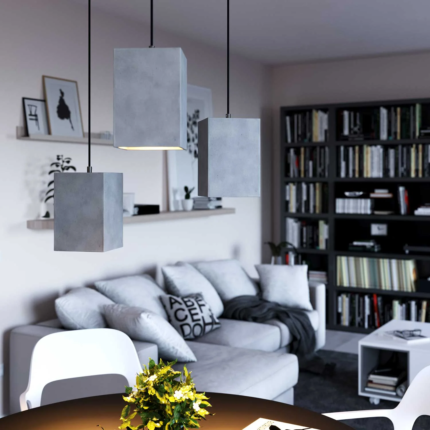 Abat-jour en ciment Cube pour lampe suspendue, complet avec serre-câble et douille E27 - Ciment clair - Image 2