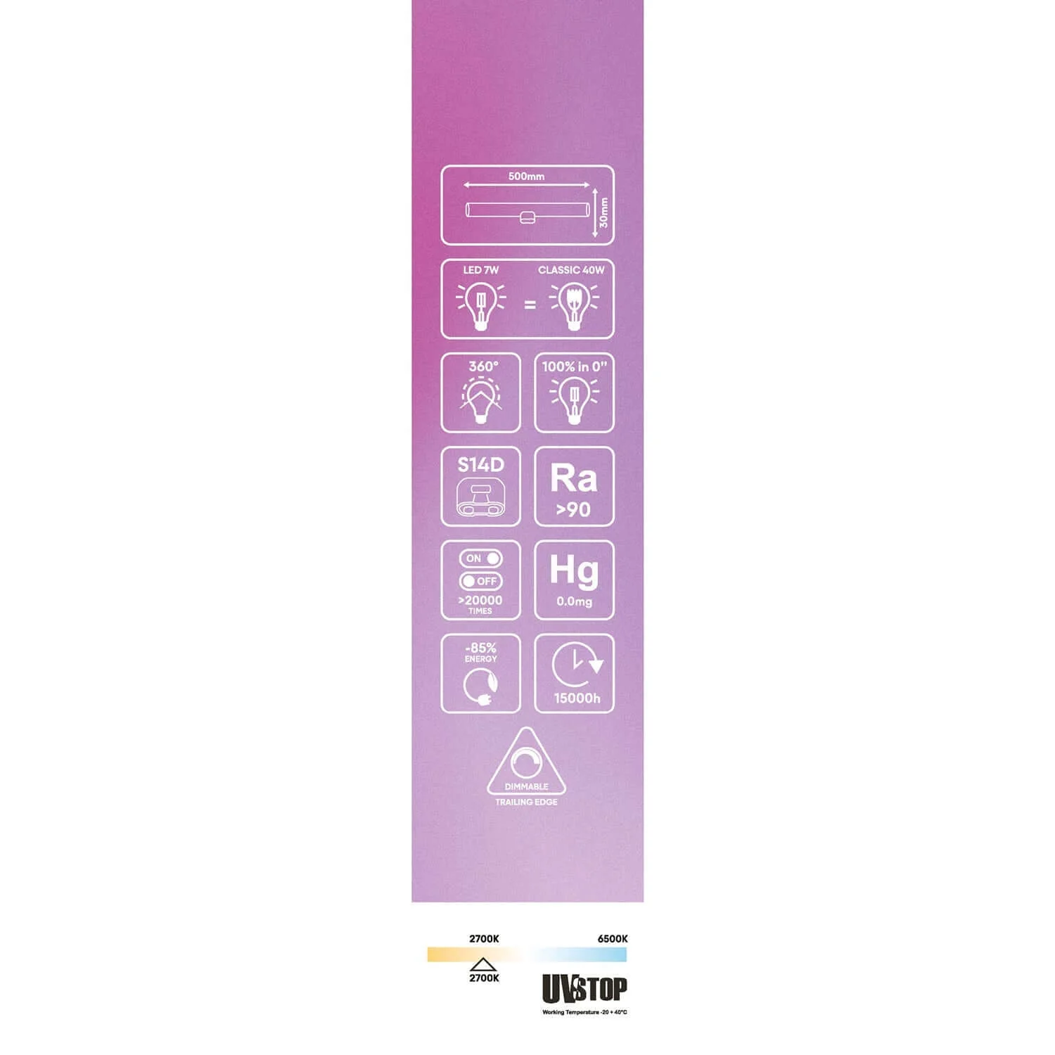 Ampoule LED à effet porcelaine CRI 90 Linéaire S14d - longueur 500 mm 7W 560Lm 2700K Dimmable - S12 - Image 6