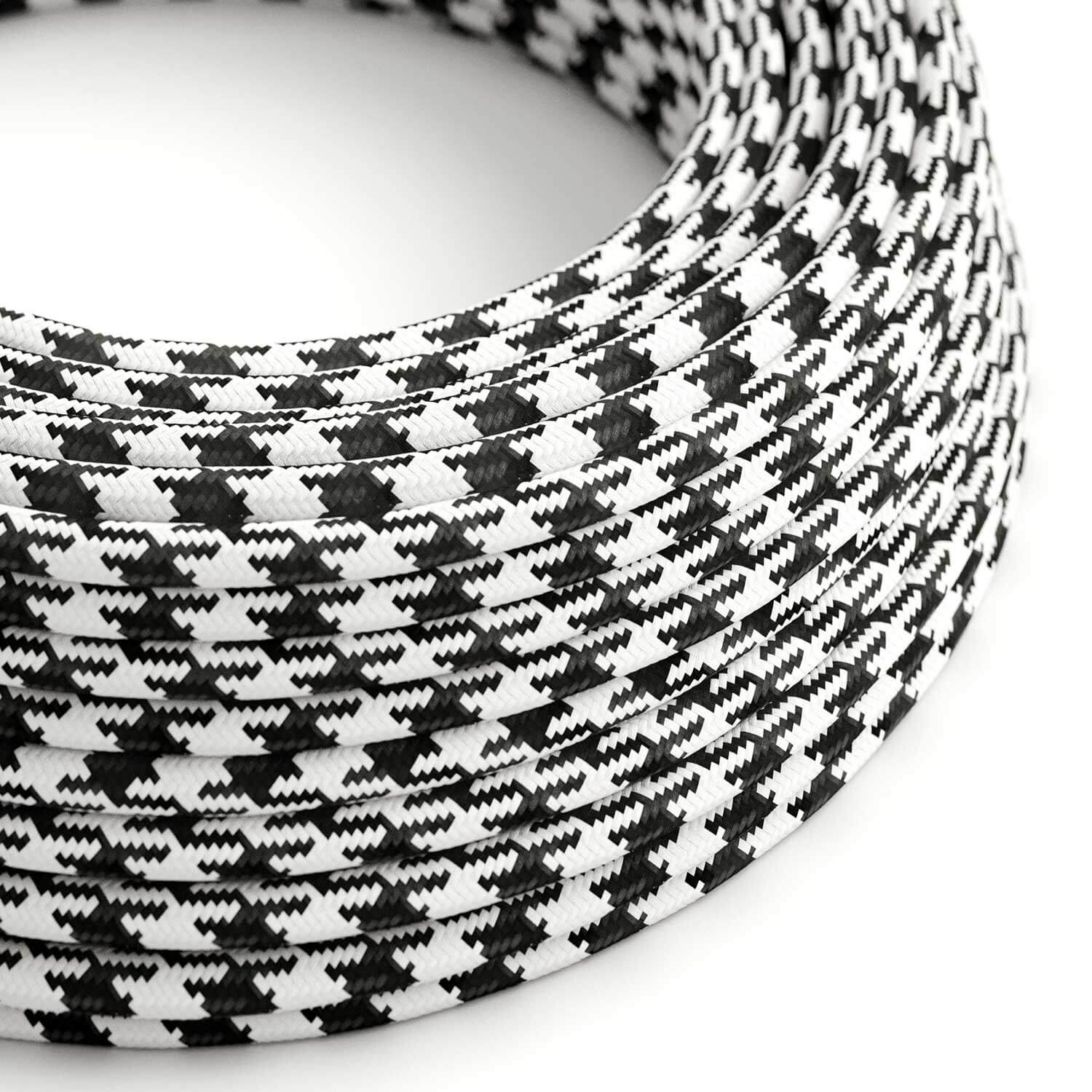 Câble coloré en tissu Blanc Optique et Noir Carbone Pied de Poule brillant - L’Original Creative Cables - RP04