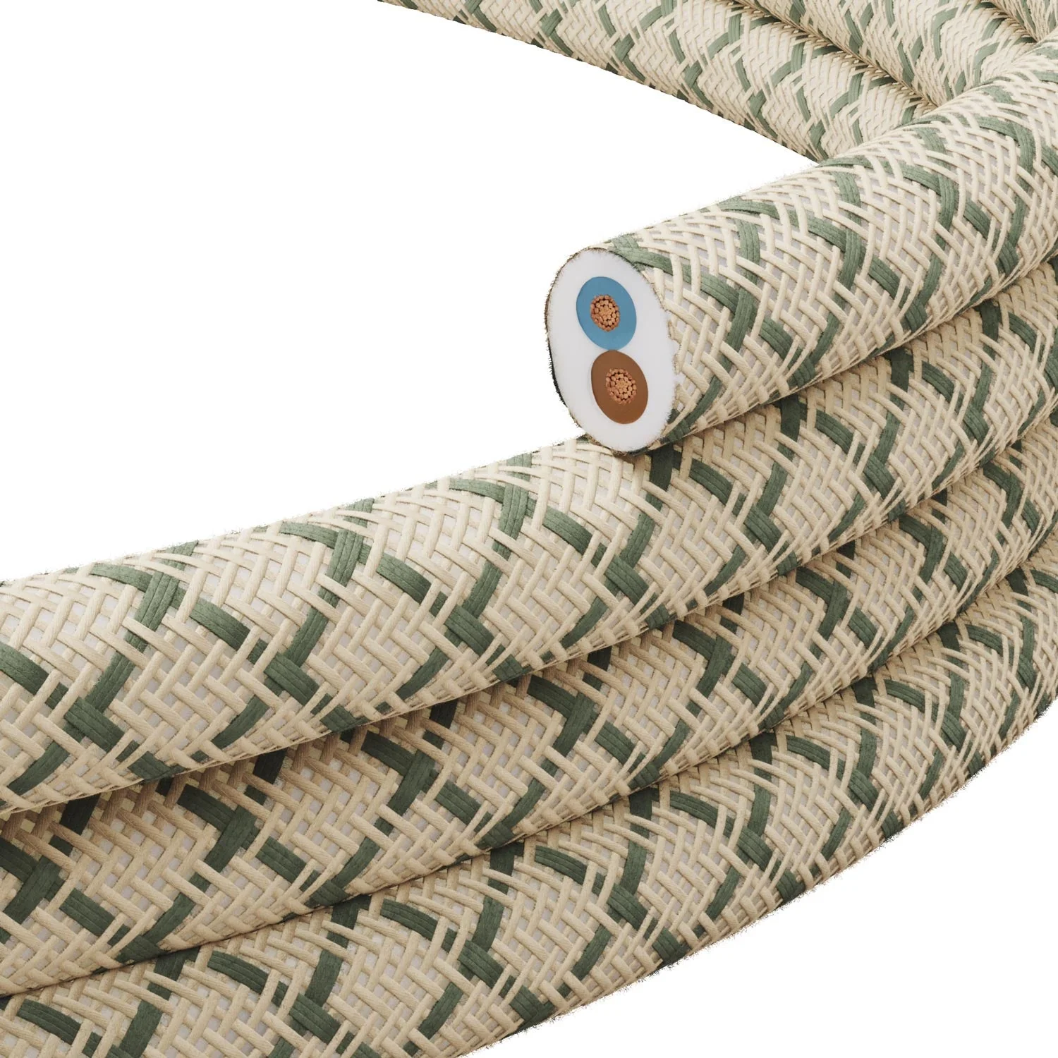 Câble textile plat Vert Thym et Losange Beige - PD62