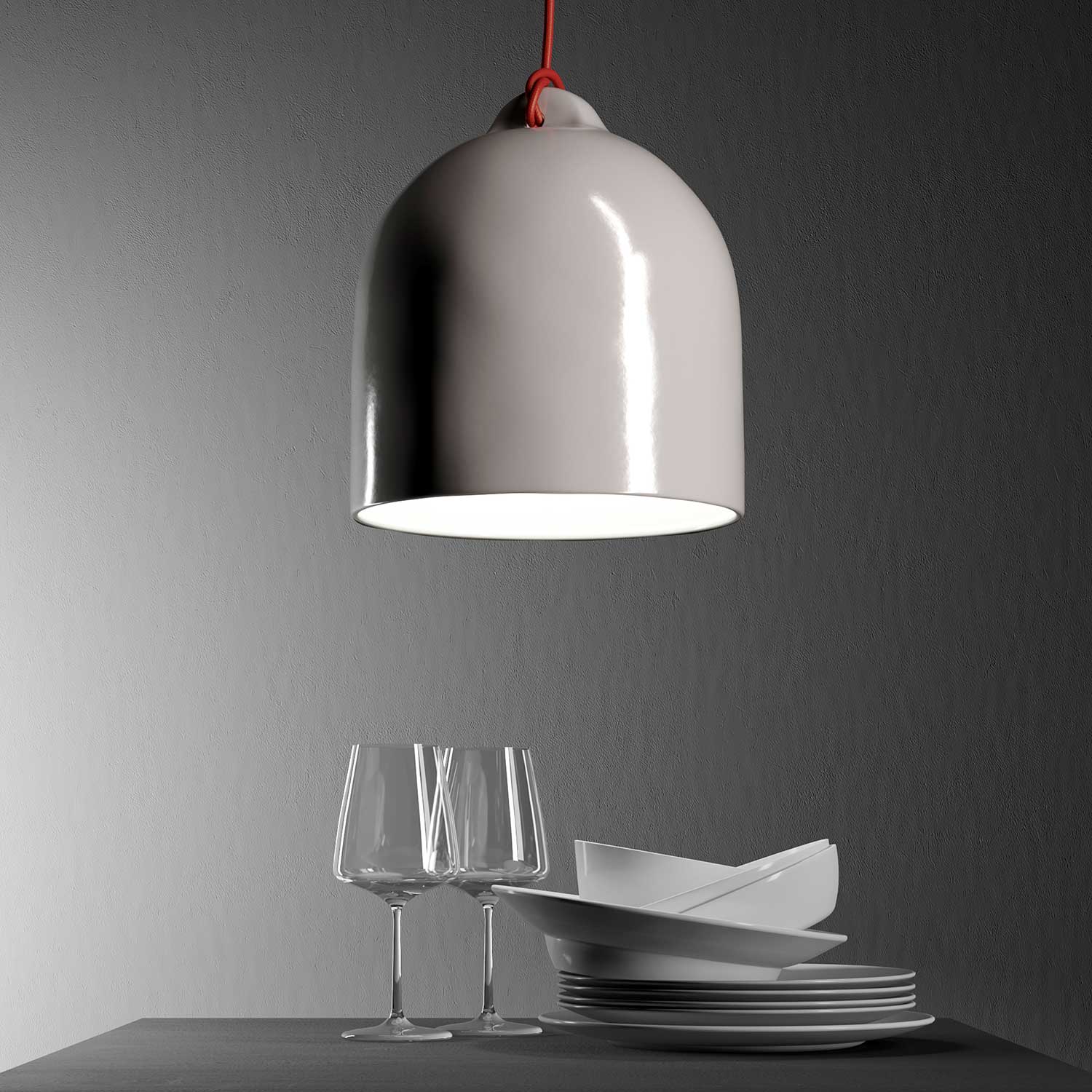 Cloche, abat-jour M en céramique pour suspension - Fabriqué en Italie - Blanc brillant - Image 3