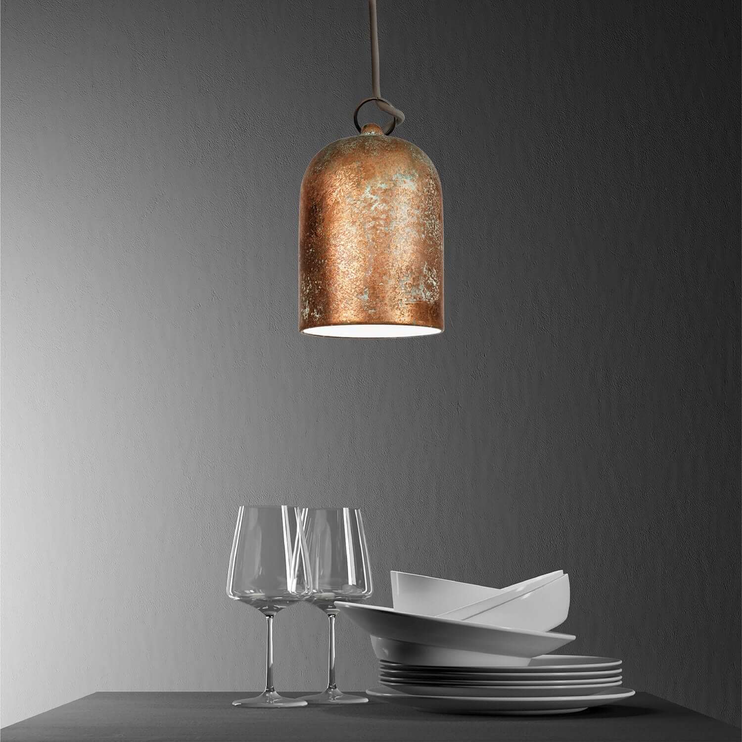 Campana Mini, abat-jour XS en céramique pour suspension - Fabriqué en Italie - Effet vert cuivré - Image 3
