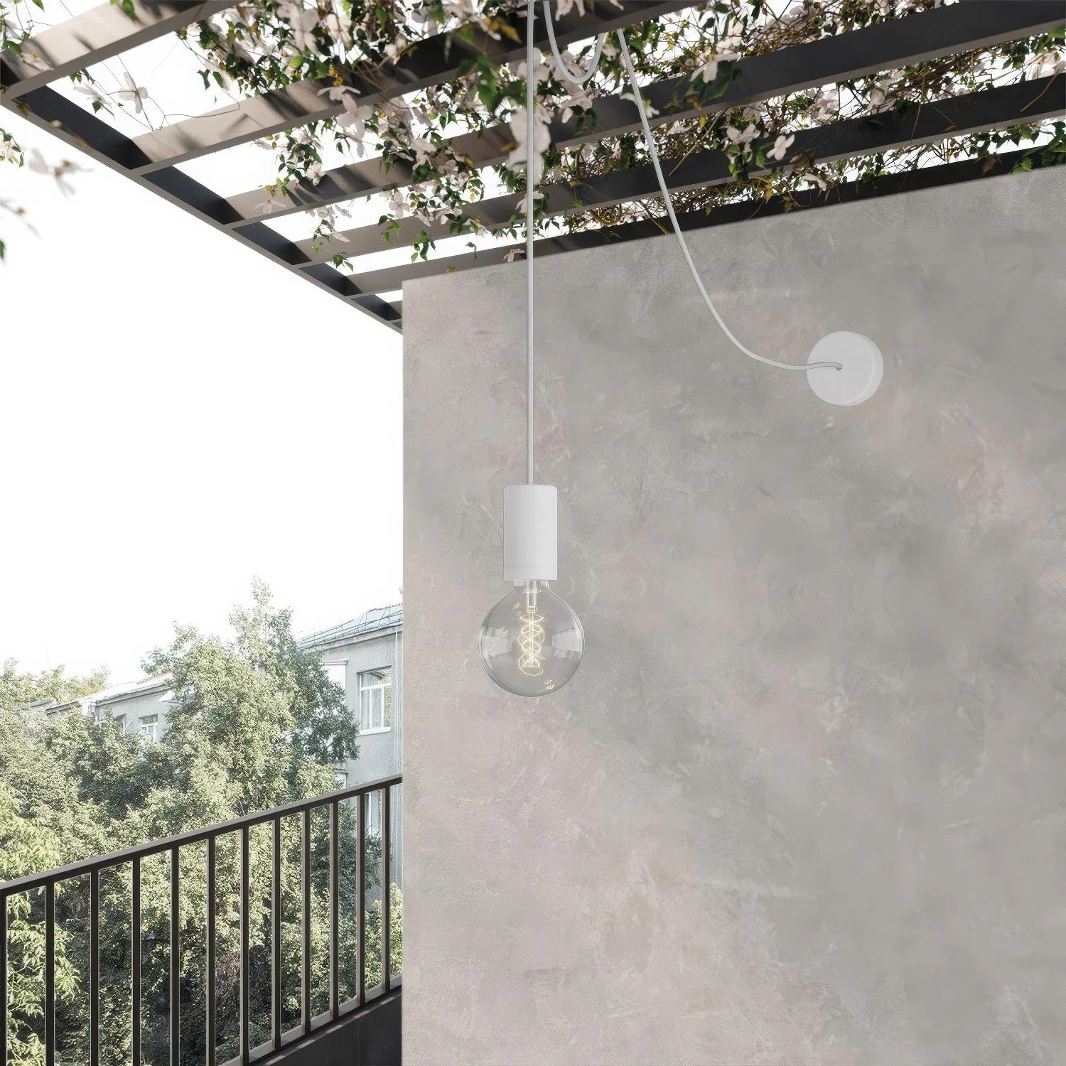 Suspension extérieure EIVA ELEGANT avec câble textile, décentralisateur, rosace et douille pour zones humides - Blanc - Image 2