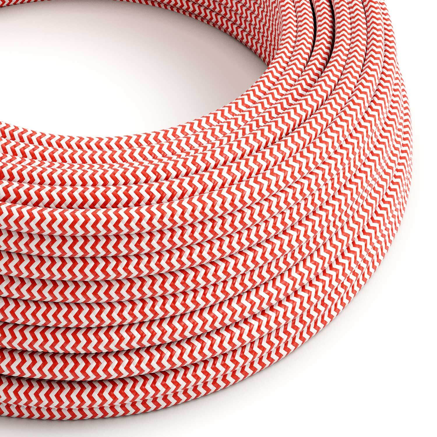 Câble électrique en tissu Rouge Feu et Blanc Optique ZigZag – L’Original Creative Cables, pour lampes et suspensions – RZ09