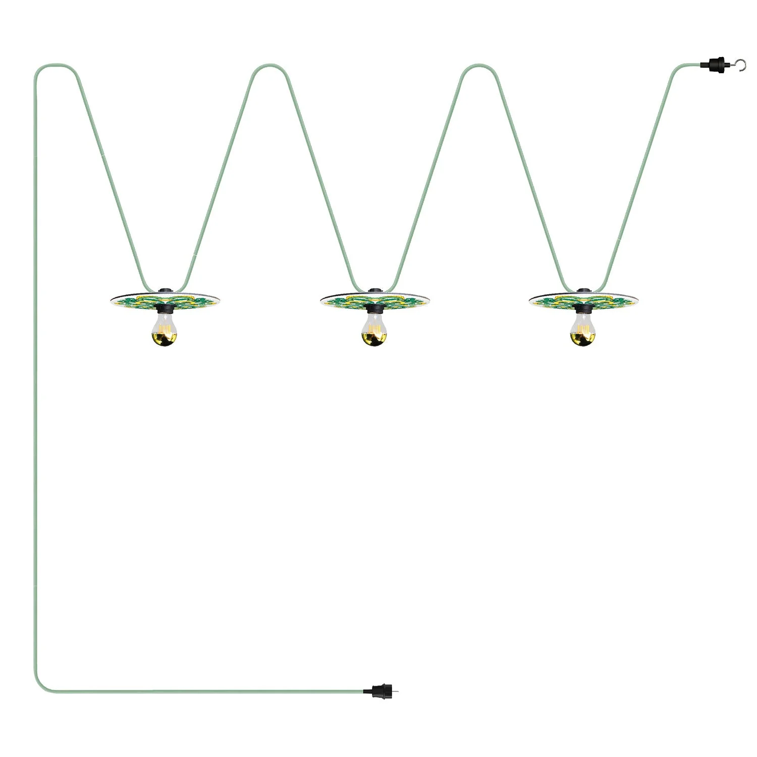 Guirlande lumineuse Système Lumet 'Maioliche' de 10 m avec câble textile, 3 douilles et abat-jour Jaune et Vert, crochet et fiche noire