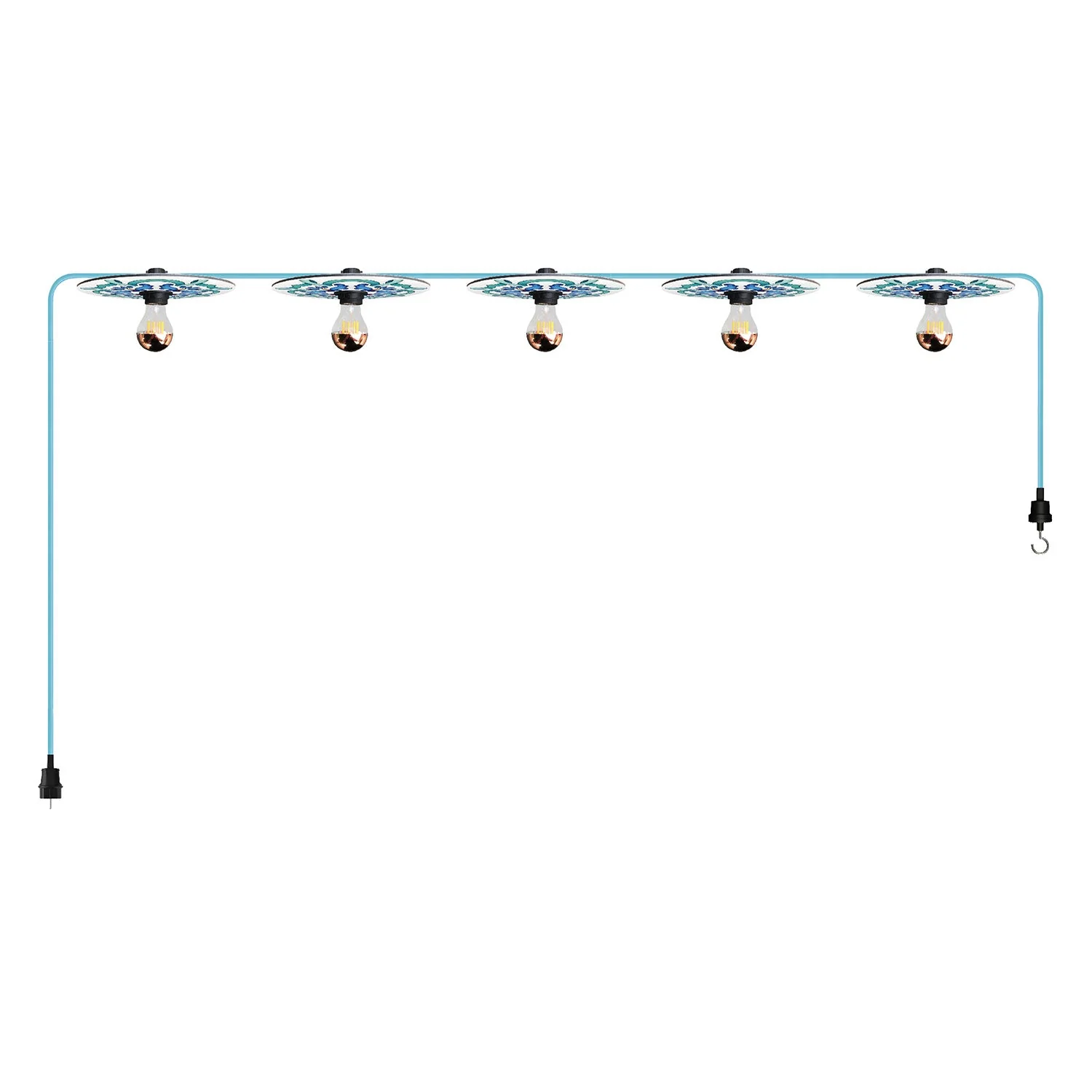 Guirlande lumineuse Système Lumet 'Maioliche' de 7,5 m avec câble textile, 5 douilles et abat-jour bleus, crochet et fiche noire