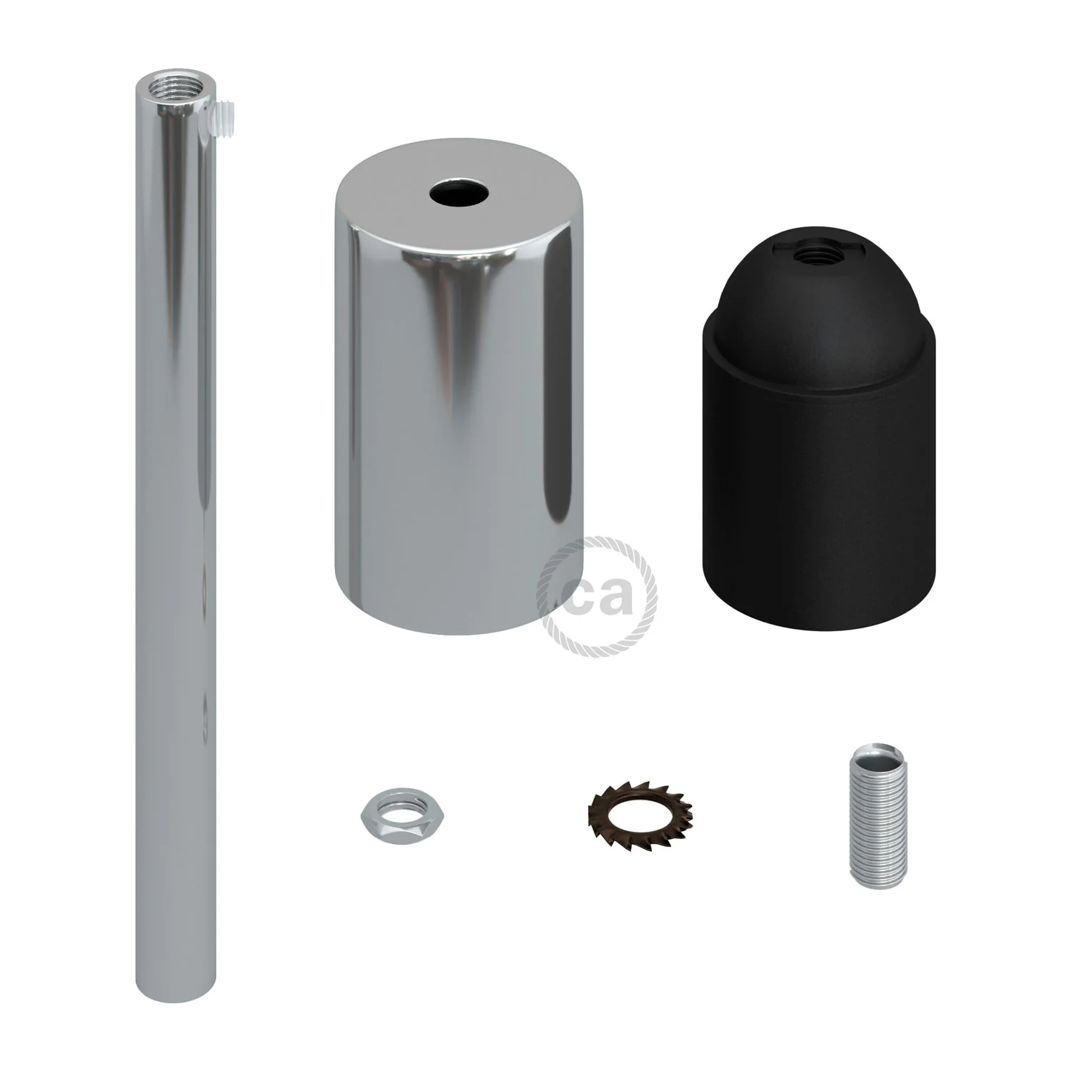 Kit douille E27 cylindrique en métal avec serre-câble de 15 cm - Chrome - Image 2