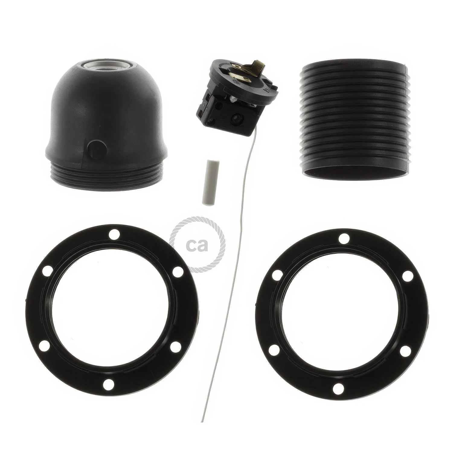 Kit douille E27 en thermoplastique avec double bague pour abat-jour et interrupteur à tirette - Noir - Image 2
