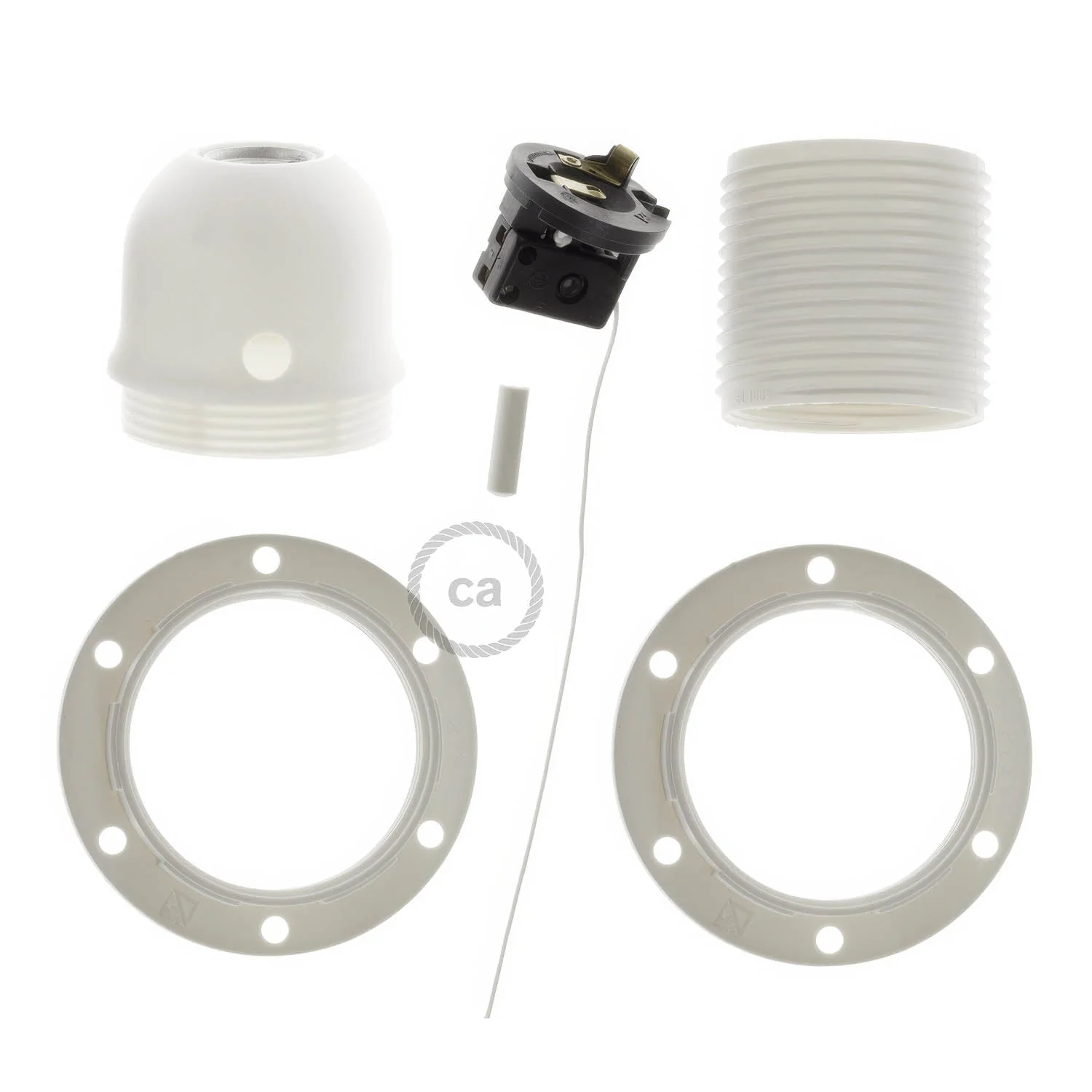 Kit douille E27 en thermoplastique avec double bague pour abat-jour et interrupteur à tirette - Blanc - Image 2