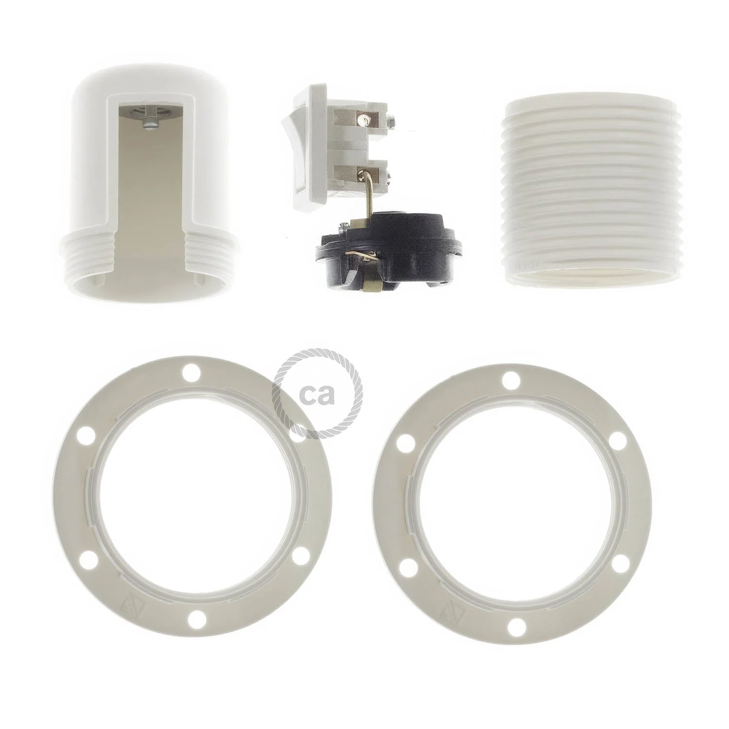 Kit douille E27 en thermoplastique avec double bague pour abat-jour et interrupteur - Blanc - Image 2