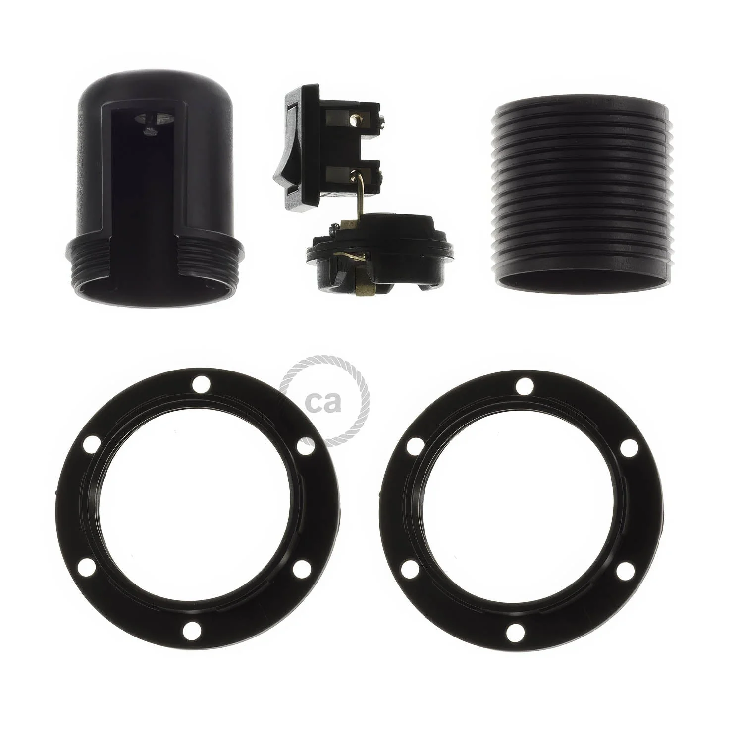 Kit douille E27 en thermoplastique avec double bague pour abat-jour et interrupteur - Noir - Image 2