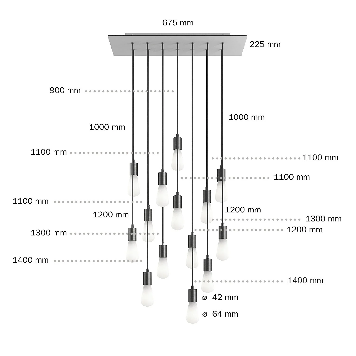 Suspension à 14 descentes avec XXL Rose-One rectangulaire 675 mm et finitions métal - Acier satiné - Image 6