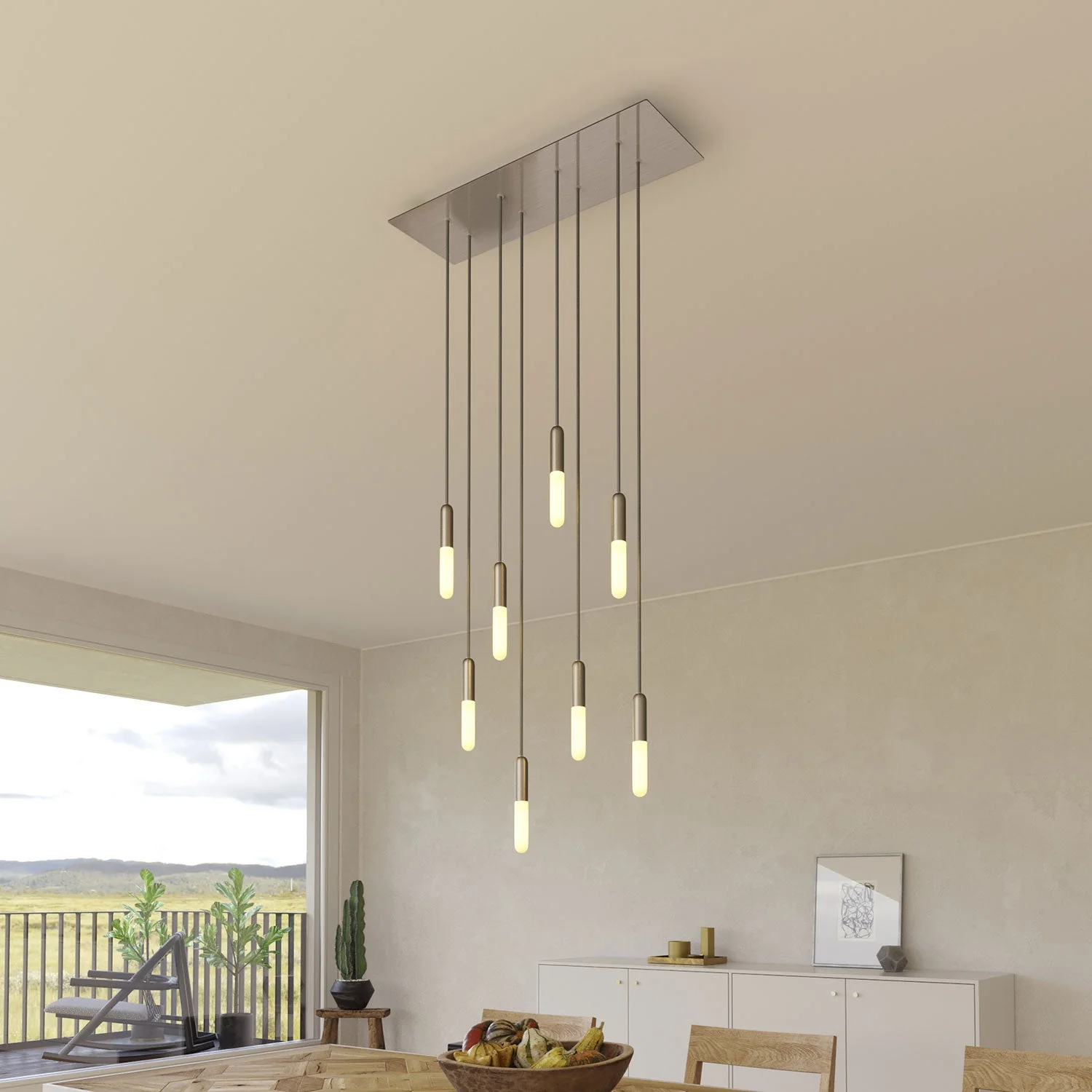 Lampe à suspension à 8 descentes avec XXL Rose-One rectangulaire 675 mm et finitions en métal - Acier satiné - Image 2
