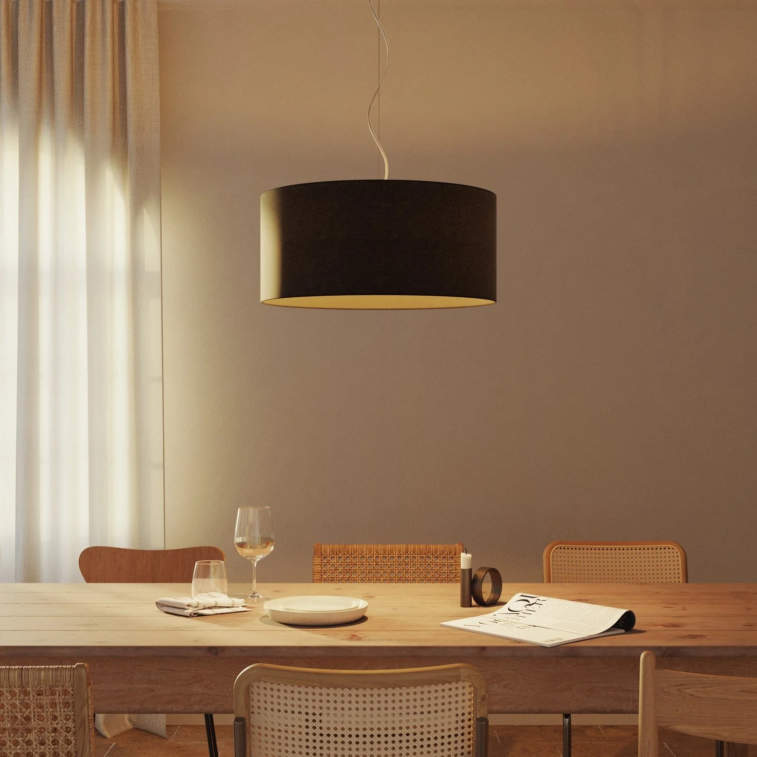 Suspension avec abat-jour en tissu Cylindre Large - Made in Italy - Laine Gris Foncé - Image 2