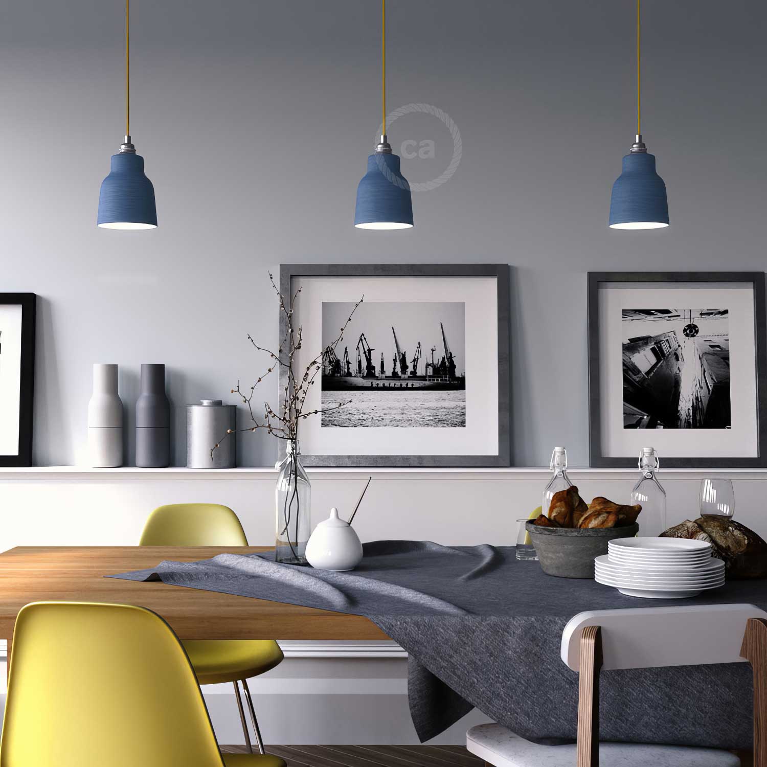 Lampe suspendue complète avec câble textile, abat-jour Vase en céramique et finitions en métal - Avion strié - Image 2