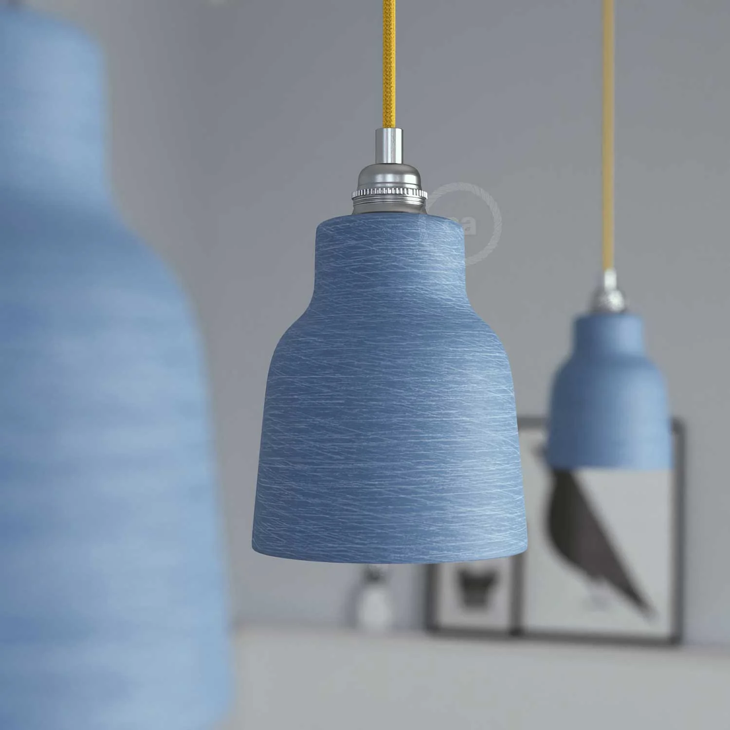 Lampe suspendue complète avec câble textile, abat-jour Vase en céramique et finitions en métal - Avion strié - Image 3