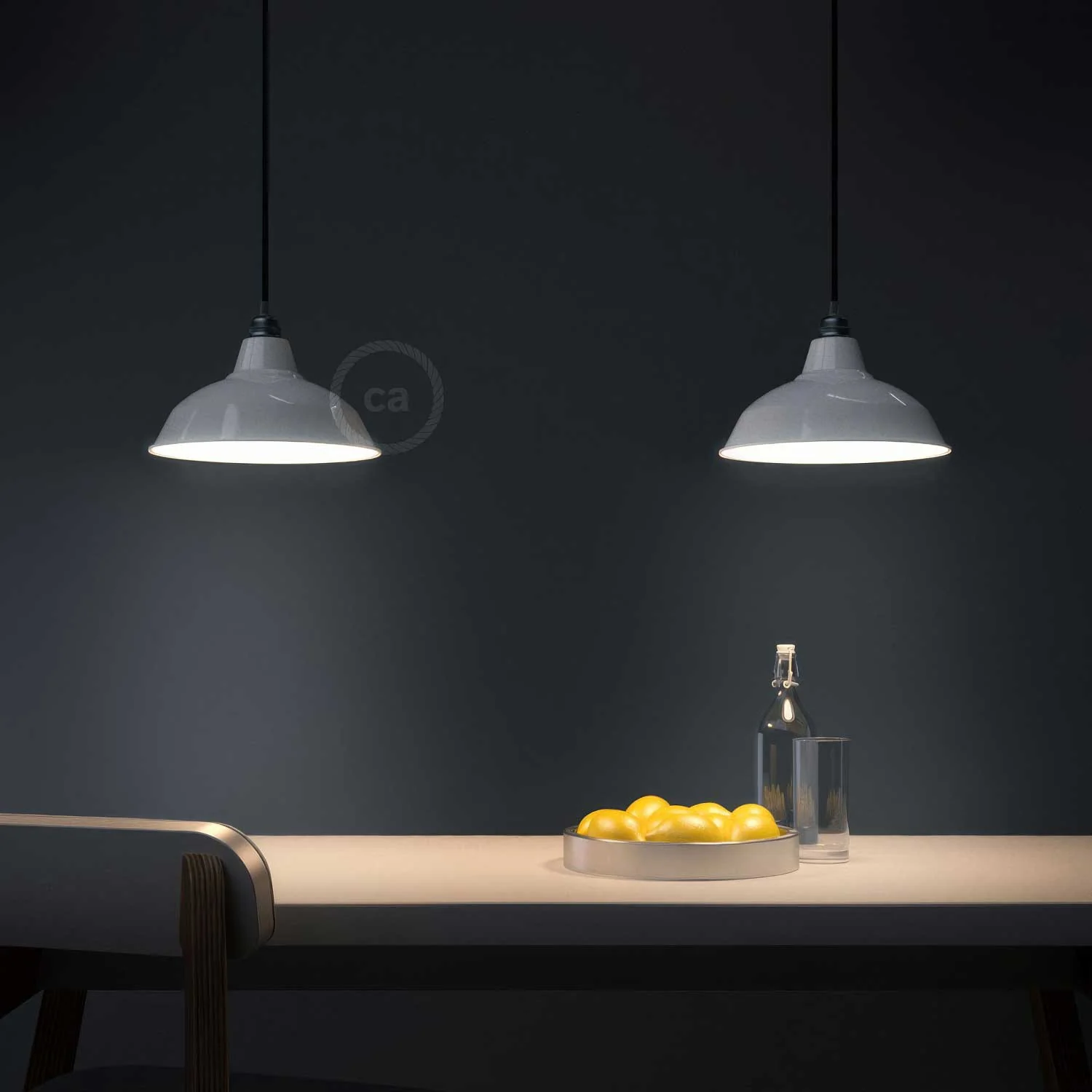 Lampe suspendue complète avec câble textile, abat-jour Bistrot et finitions métalliques - Blanc - Image 2
