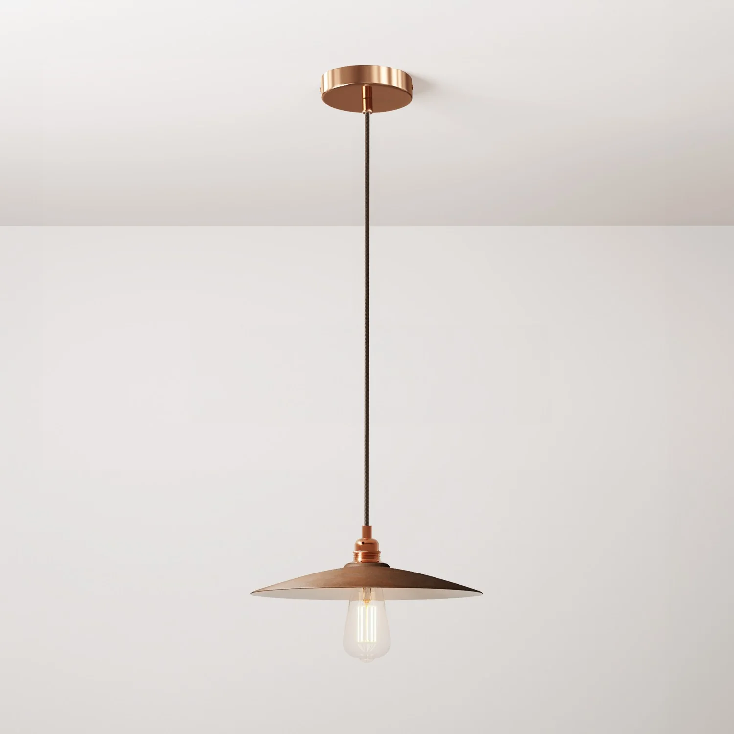Lampe suspendue complète avec câble textile, abat-jour en céramique Piatto et finitions en métal - Effet corten