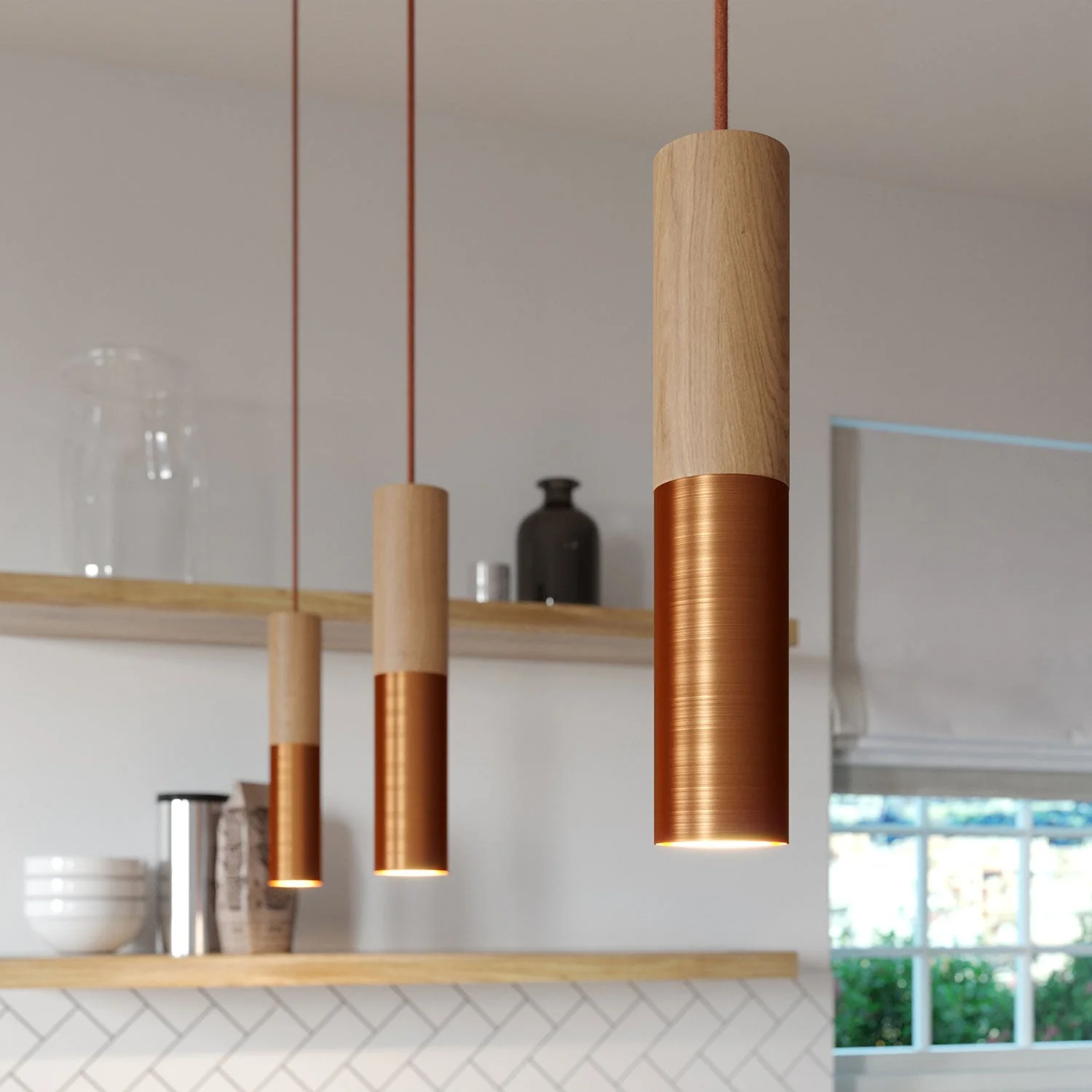 Lampe suspendue complète avec câble textile et double abat-jour Tub-E14 en bois et métal - Cuivre satiné - Image 4