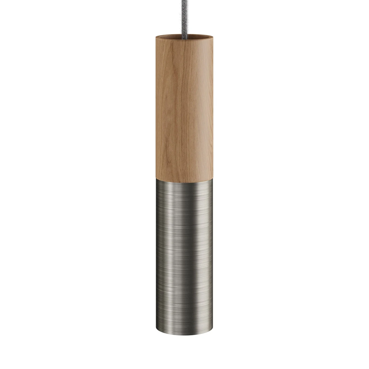 Suspension complète avec câble textile et double abat-jour Tub-E14 en bois et métal - Titane satiné