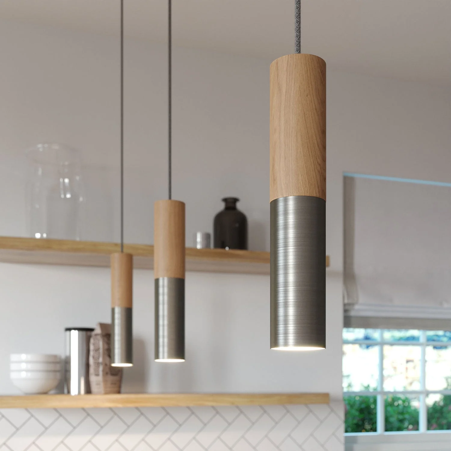 Suspension complète avec câble textile et double abat-jour Tub-E14 en bois et métal - Titane satiné - Image 4