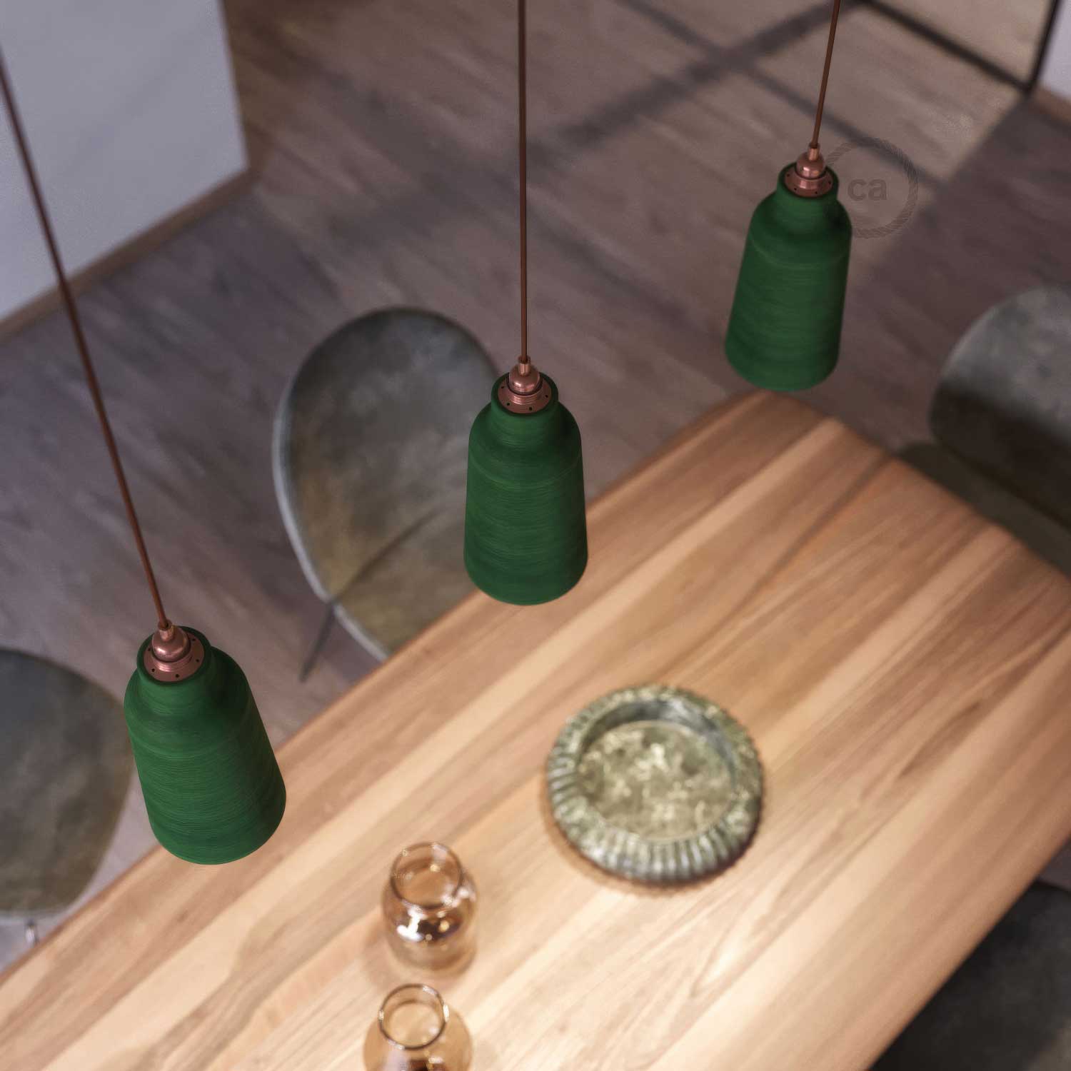 Suspension complète avec câble textile, abat-jour Bouteille en céramique et finitions en métal - Evergreen strié - Image 3
