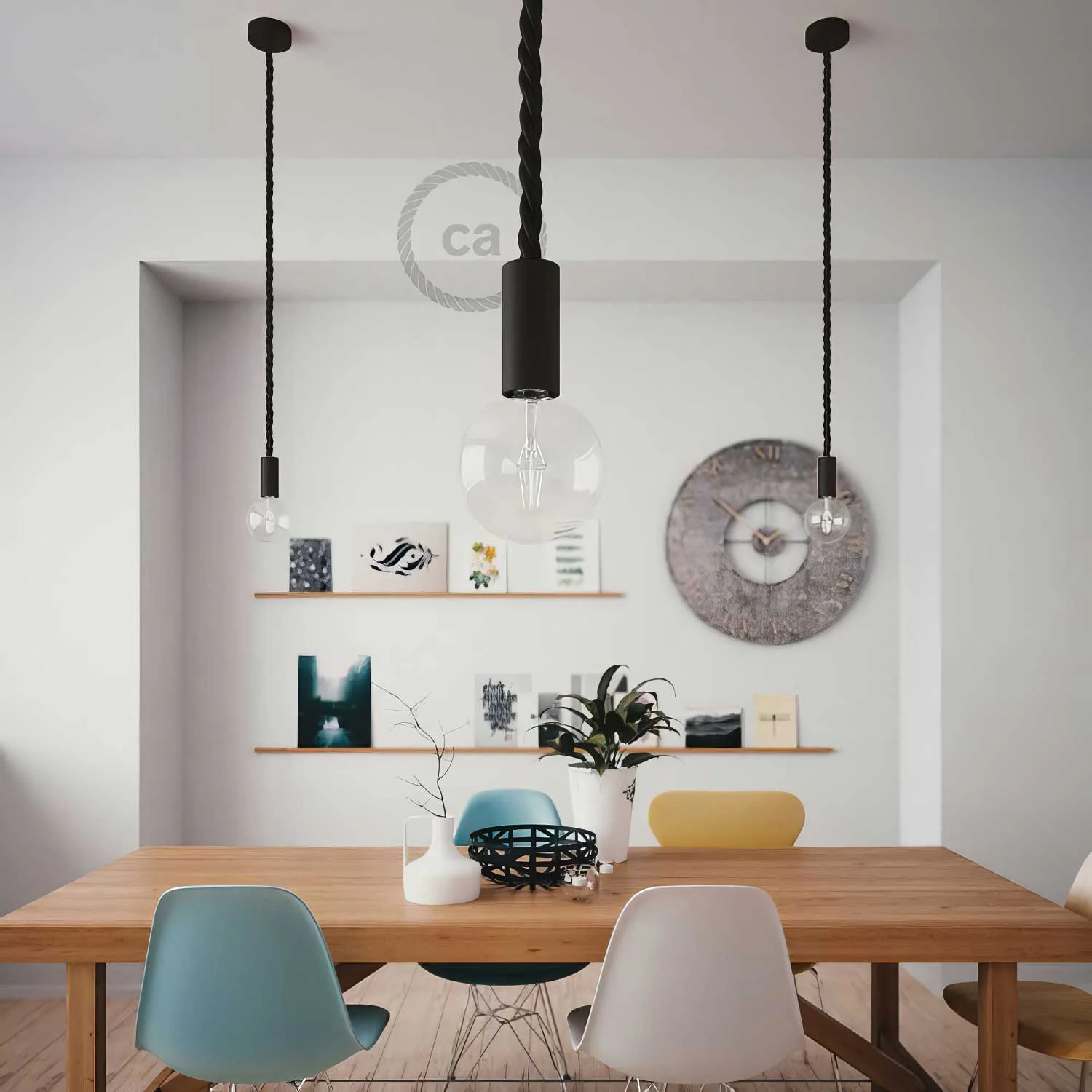 Lampe suspendue complète avec cordon nautique 2XL 24 mm et finitions en bois verni - Noir - Image 3