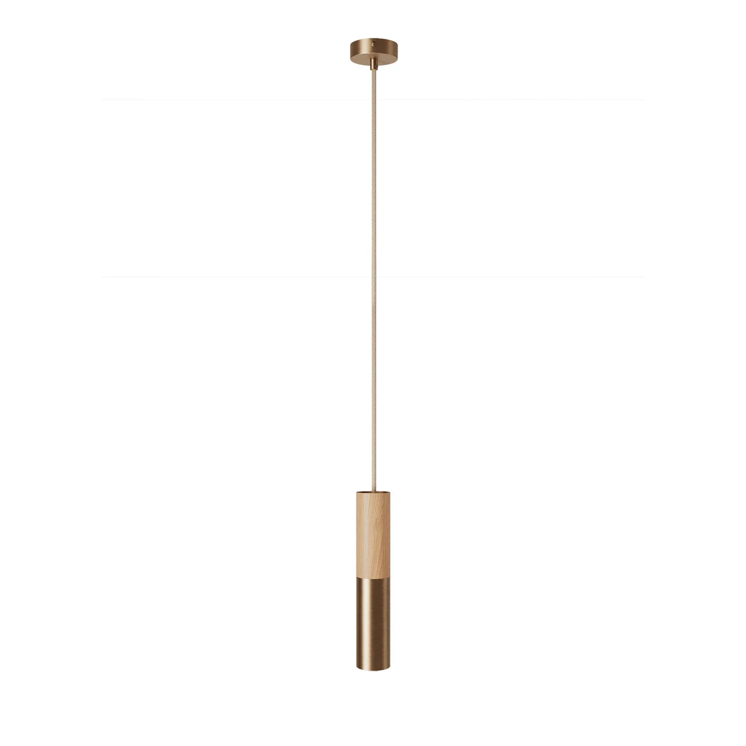 Suspension Made in Italy complète avec câble textile et double abat-jour Tub-E14 en bois et métal - Bronze satiné