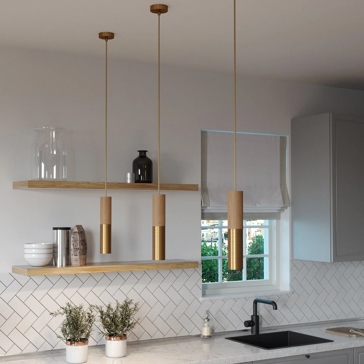 Suspension Made in Italy complète avec câble textile et double abat-jour Tub-E14 en bois et métal - Bronze satiné - Image 2