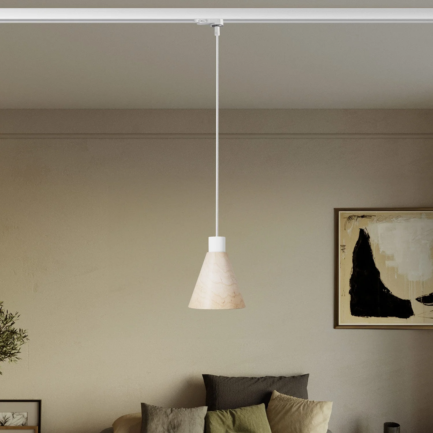 Suspension pour rails avec abat-jour conique en bois - Blanc - Image 2