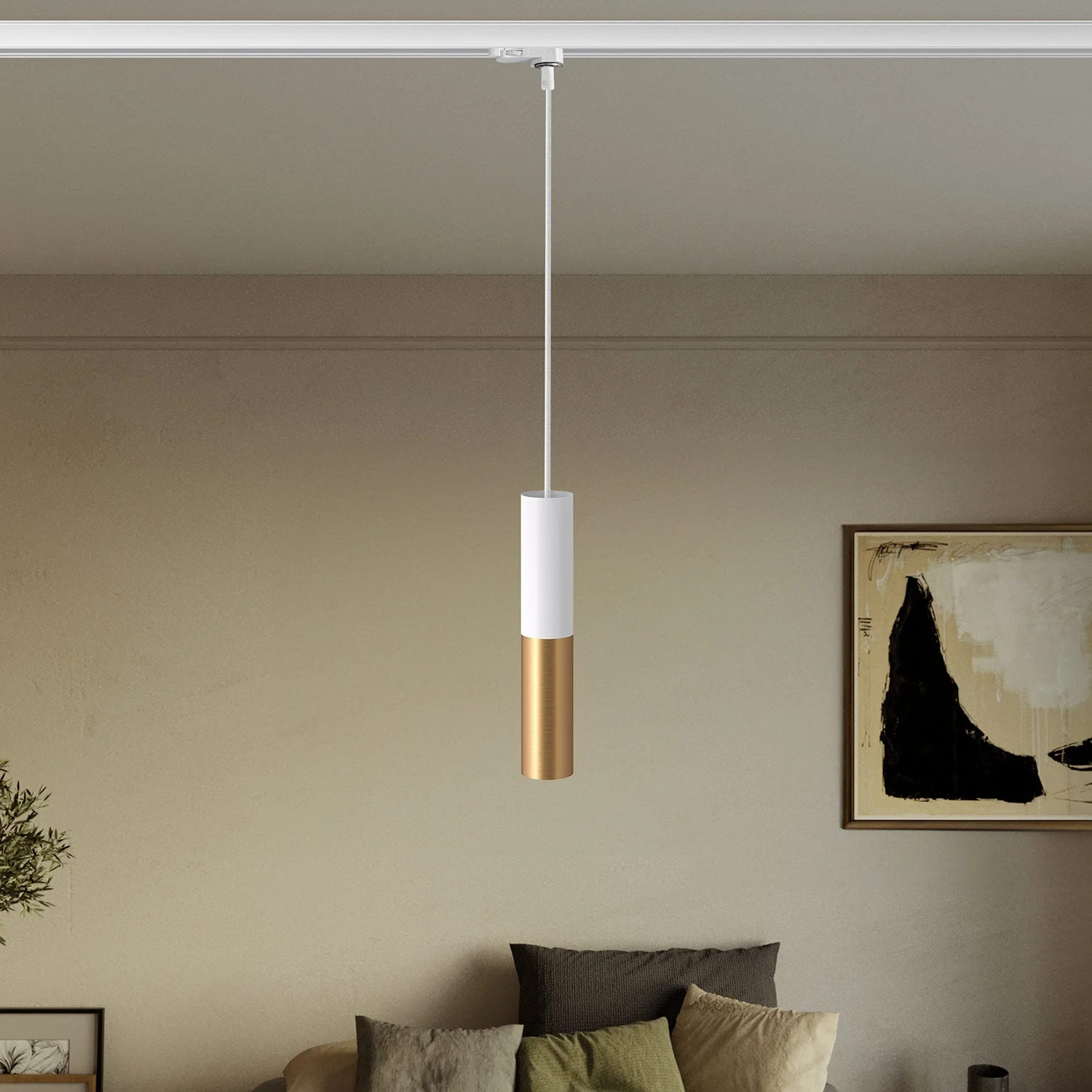 Suspension pour rails avec double abat-jour Tub-E14 - Blanc et bronze satiné - Image 2
