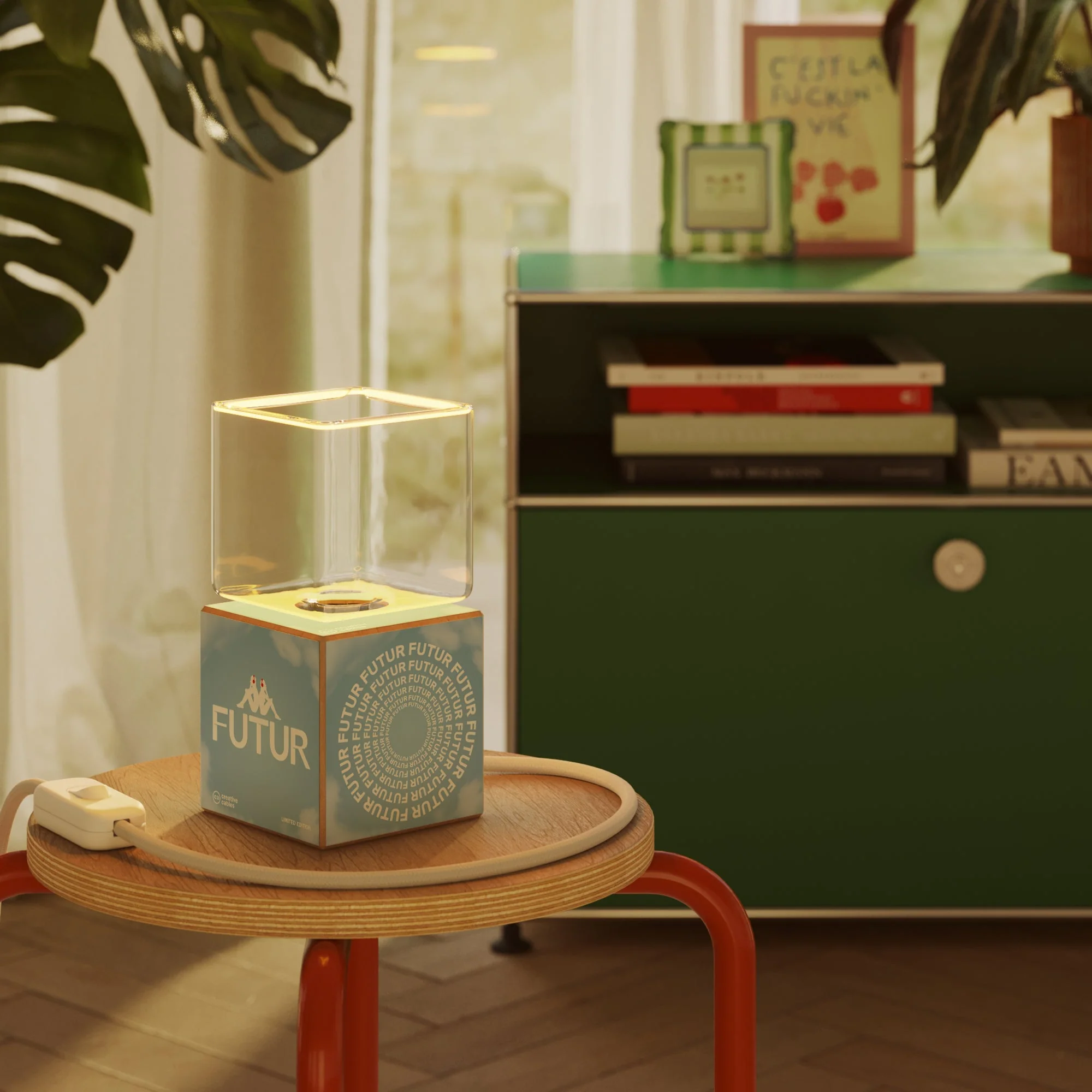 Cubetto table lamp with US plug, « Futur » Ghost bulb - Futur Festival - Image 2