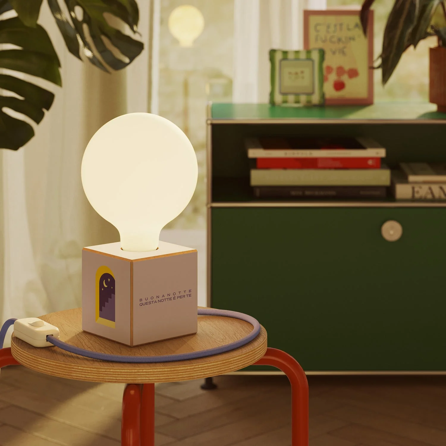 Lampe de table Cubetto avec fiche US, "Buonanotte fiorellino" ampoule effet porcelaine globe - Santomanifesto - Image 2