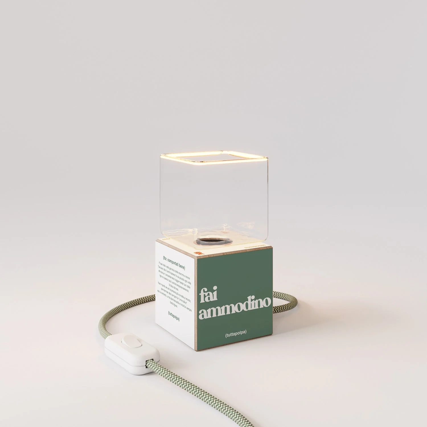 Lampe de table Cubetto avec fiche US, « Fai ammodino » Ghost bulb - Tuttapolpa