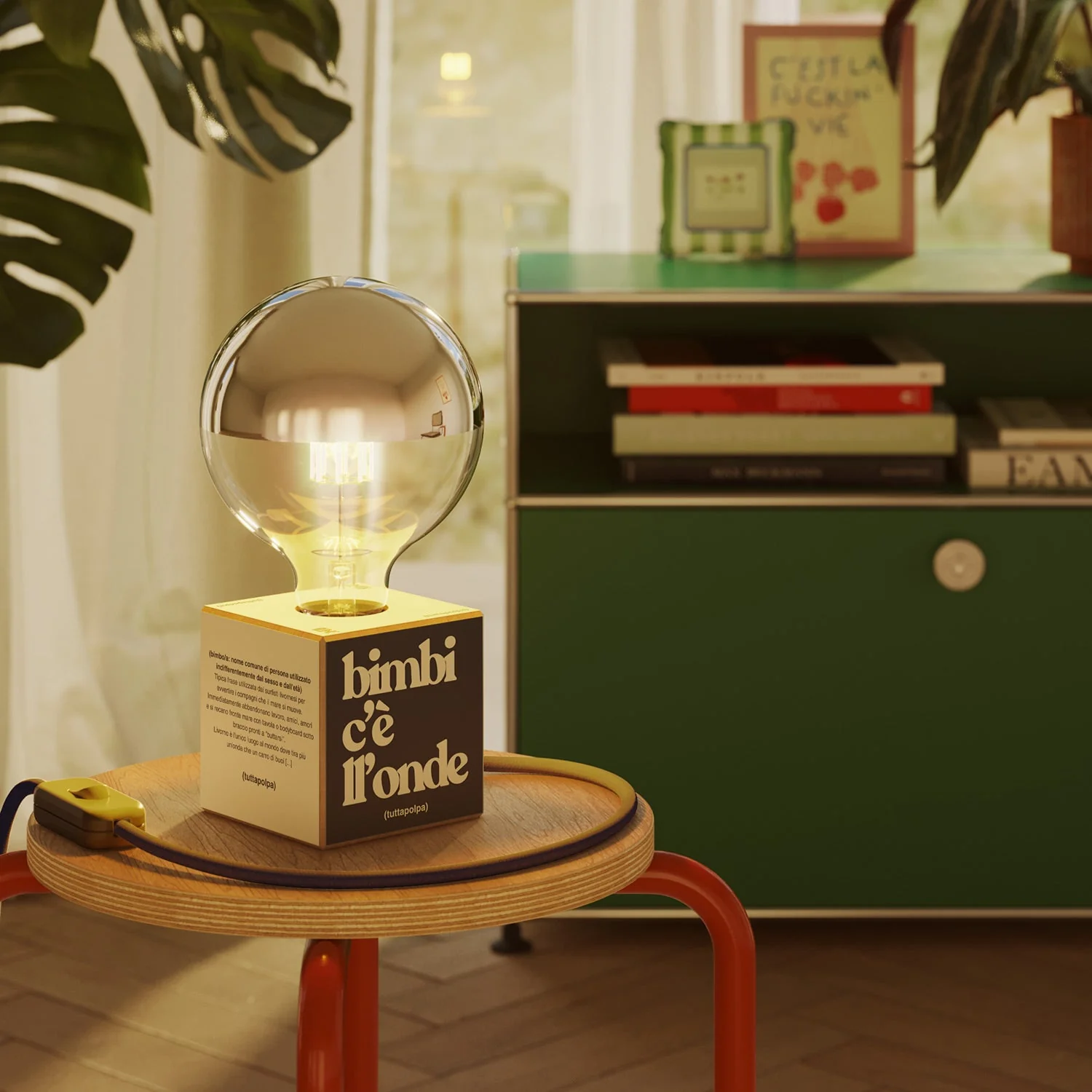 Lampe de table Cubetto « Bimbi c’è l’onde » avec Fiche anglaise et Ampoule globe demi-sphère argent - Tuttapolpa - Image 2