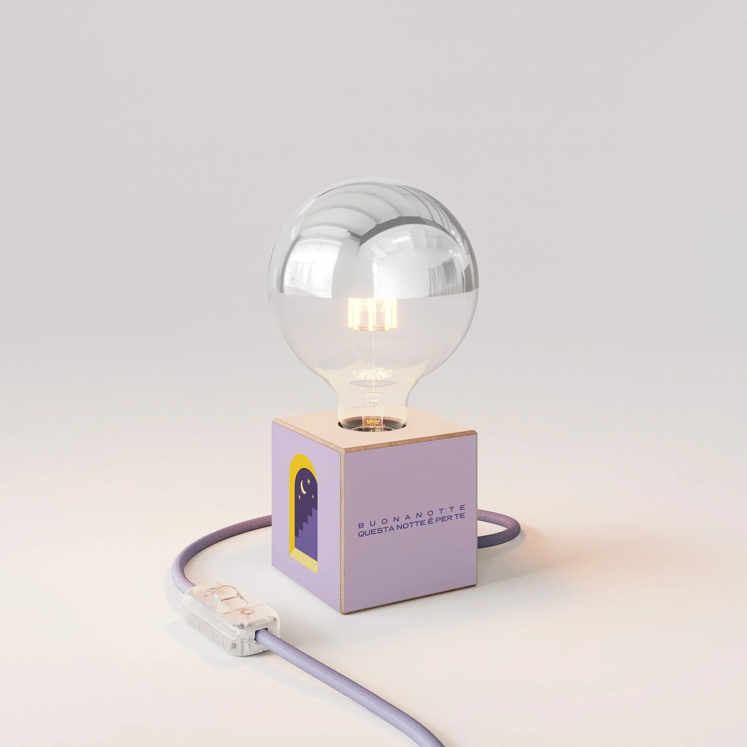 Lampe de table Cubetto « Buonanotte fiorellino » avec ampoule globe demi-sphère argent - Santomanifesto