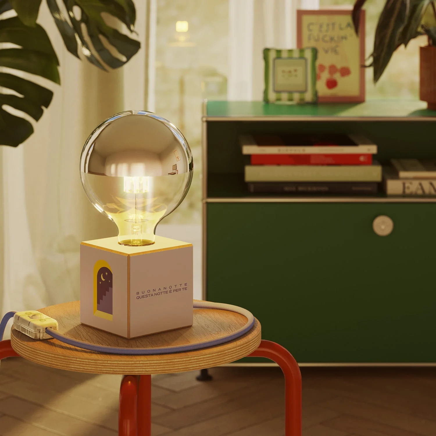 Lampe de table Cubetto « Buonanotte fiorellino » avec ampoule globe demi-sphère argent - Santomanifesto - Image 2
