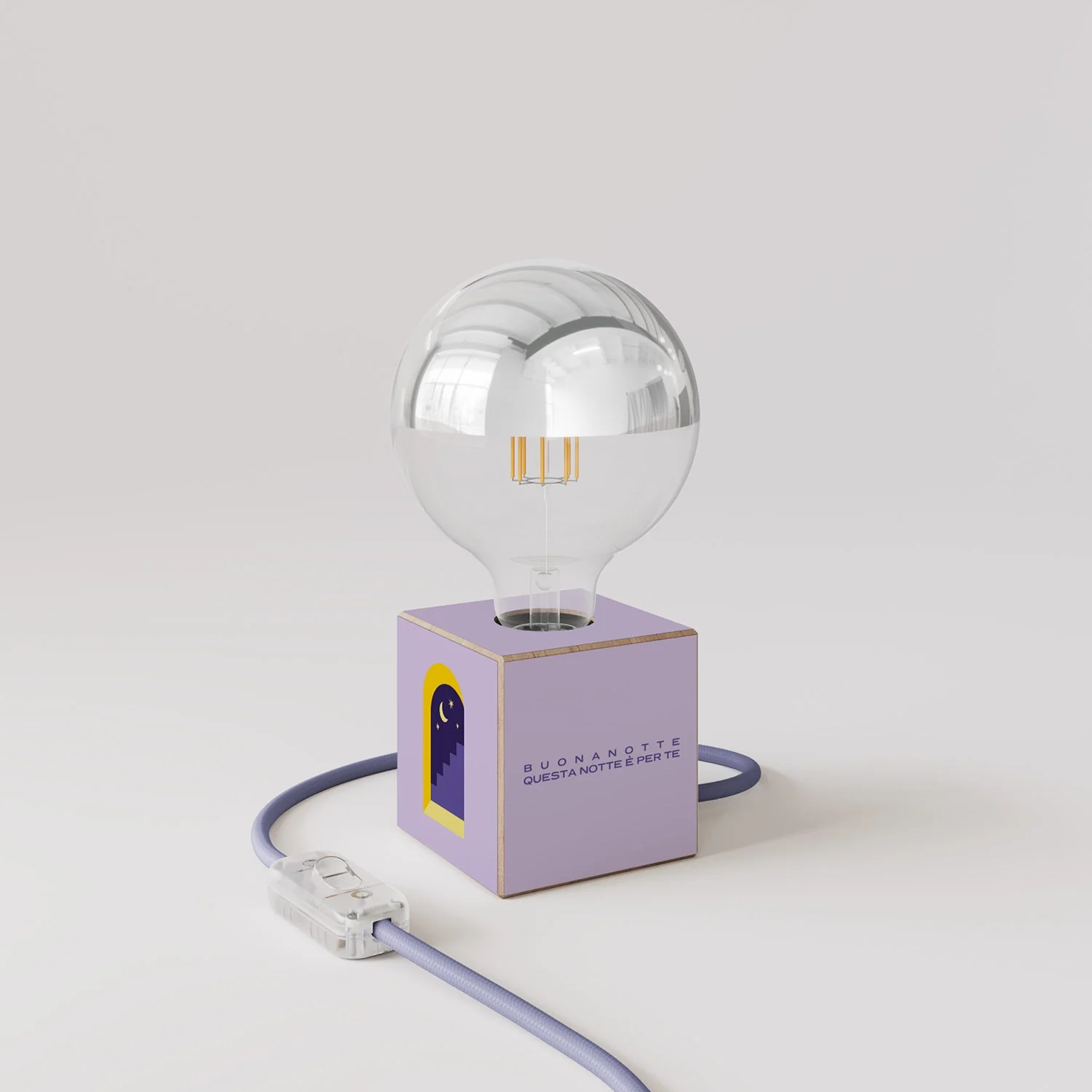 Lampe de table Cubetto « Buonanotte fiorellino » avec ampoule globe demi-sphère argent - Santomanifesto - Image 3