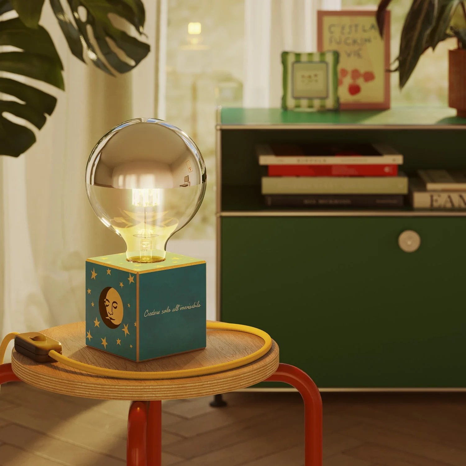Lampe de table Cubetto « La luna » avec Fiche anglaise et ampoule globe demi-sphère argentée - Santomanifesto - Image 2