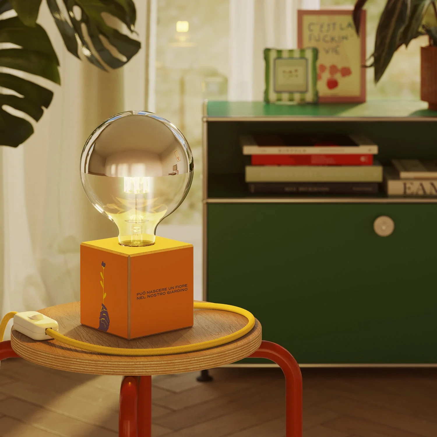 Lampe de table Cubetto « Può nascere un fiore » avec fiche anglaise et ampoule globe demi-sphère argent - Santomanifesto - Image 2