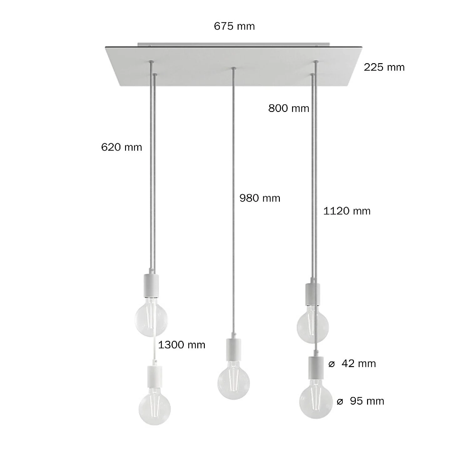 Suspension à 5 descentes avec XXL Rose-One rectangulaire 675 mm et finitions métalliques - Blanc mat - Image 6