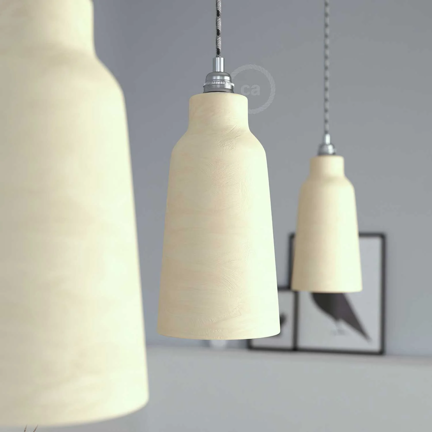 Suspension complète de câble textile, abat-jour Bouteille en céramique et finitions métal - Taupe strié - Image 3