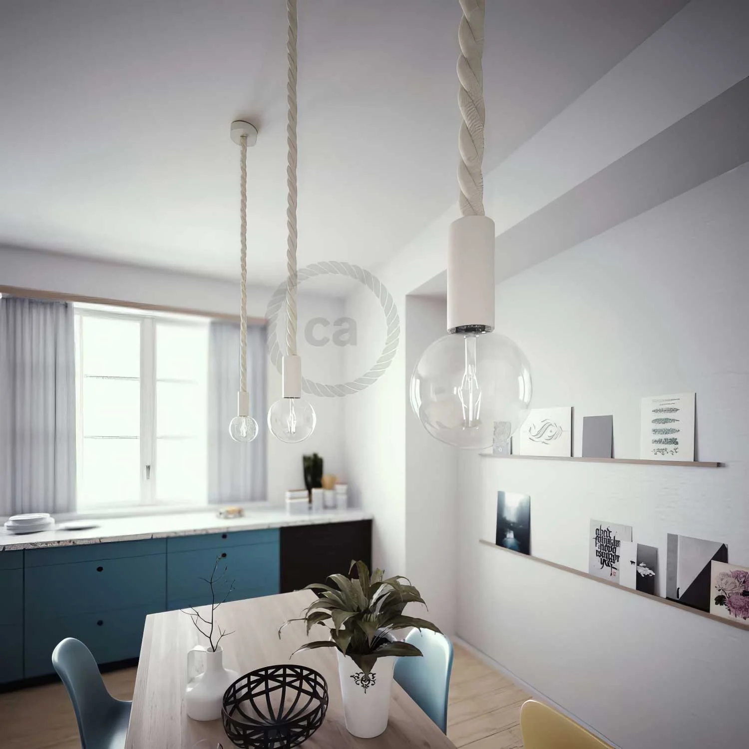 Lampe suspendue complète avec cordon nautique 3XL 30 mm et finitions en bois laqué - Blanc - Image 3
