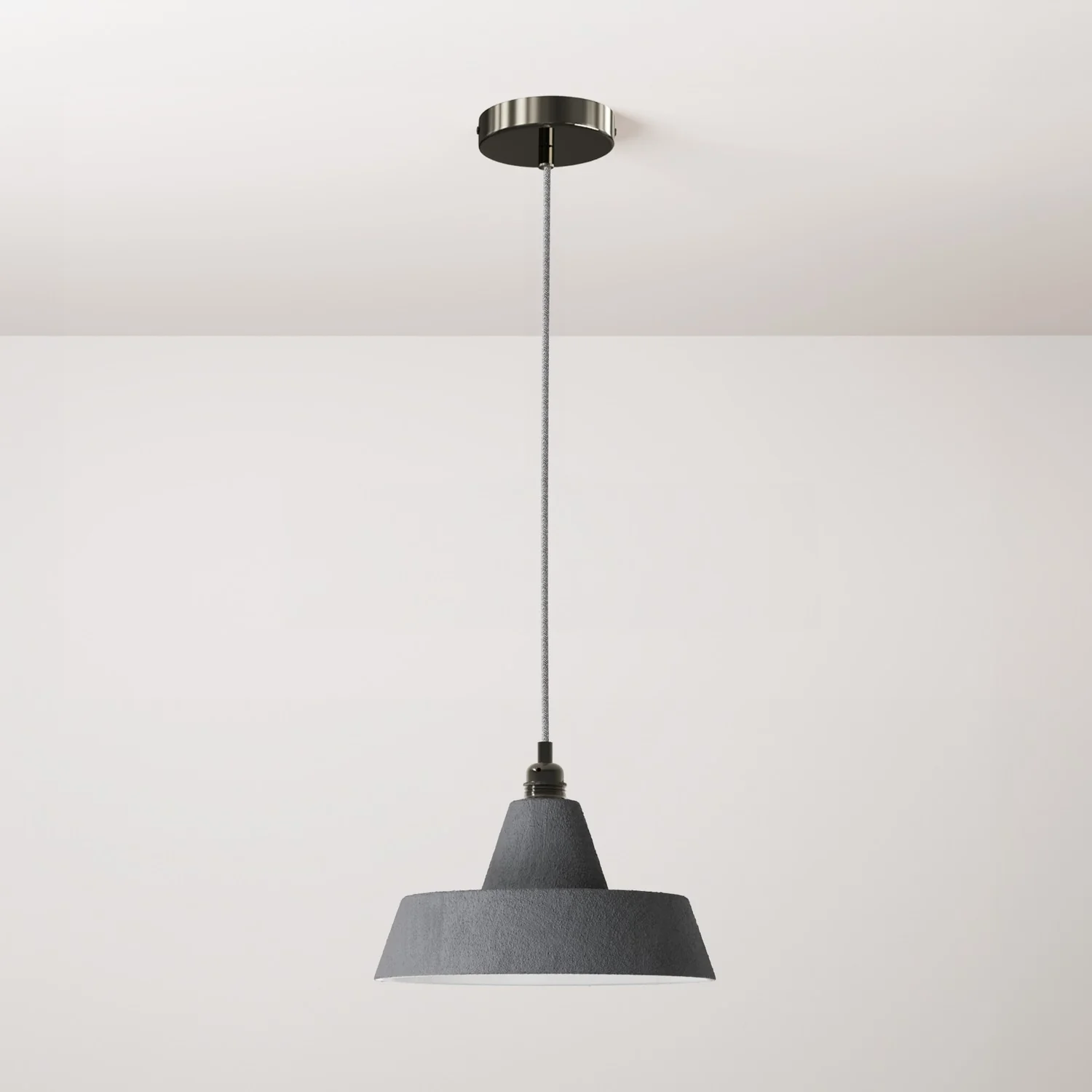 Suspension complète avec câble textile, abat-jour en céramique Industrielle et finitions en métal - Effet ciment