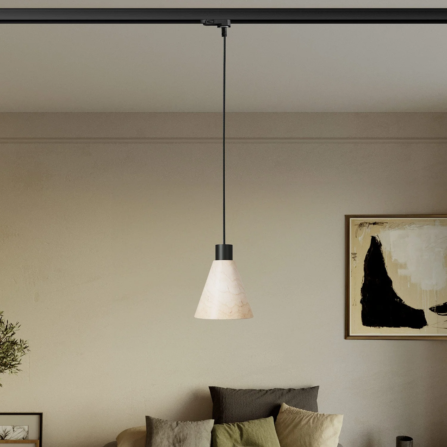 Lampe à suspension pour rails avec abat-jour conique en bois - Noir - Image 2