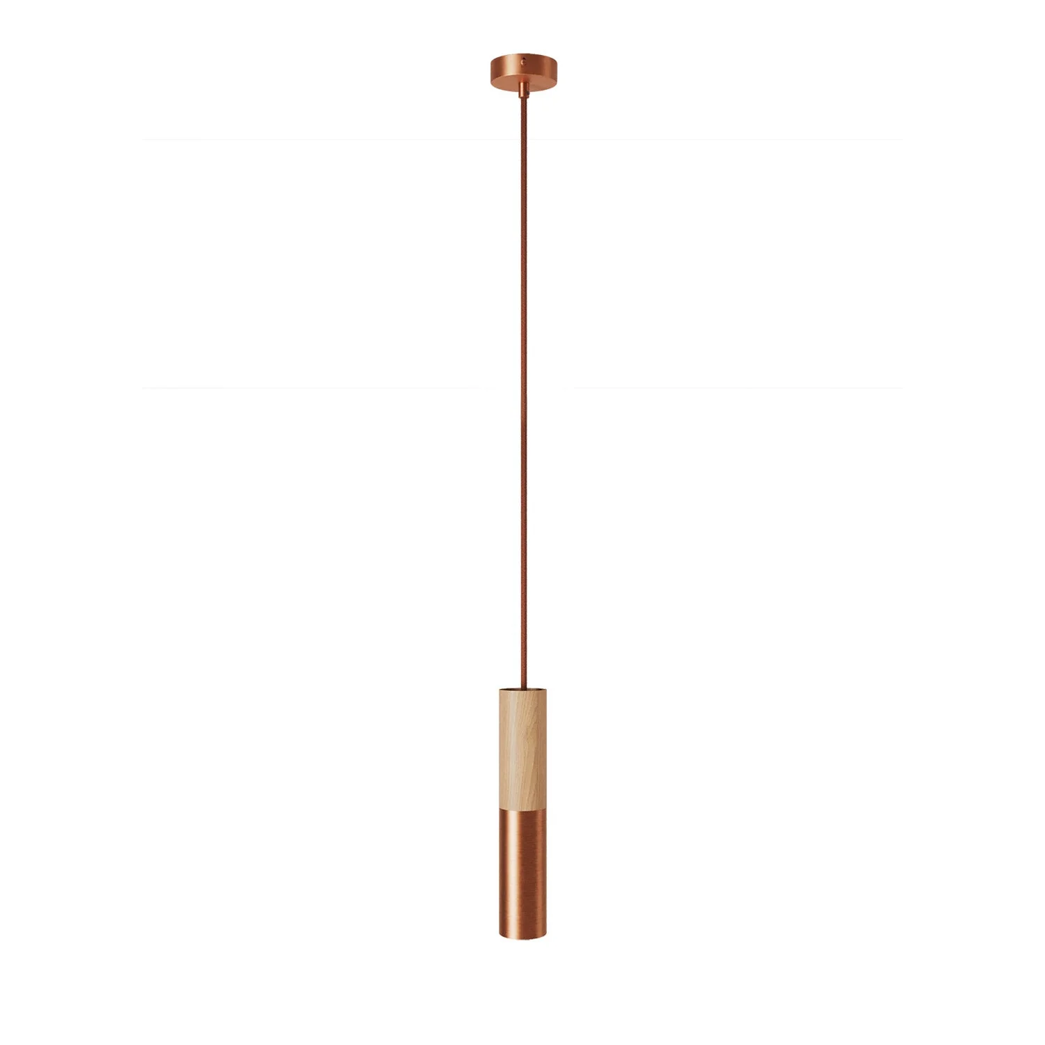 Lampe à suspension Made in Italy complète de câble textile et double abat-jour Tub-E14 en bois et métal - Cuivre satiné