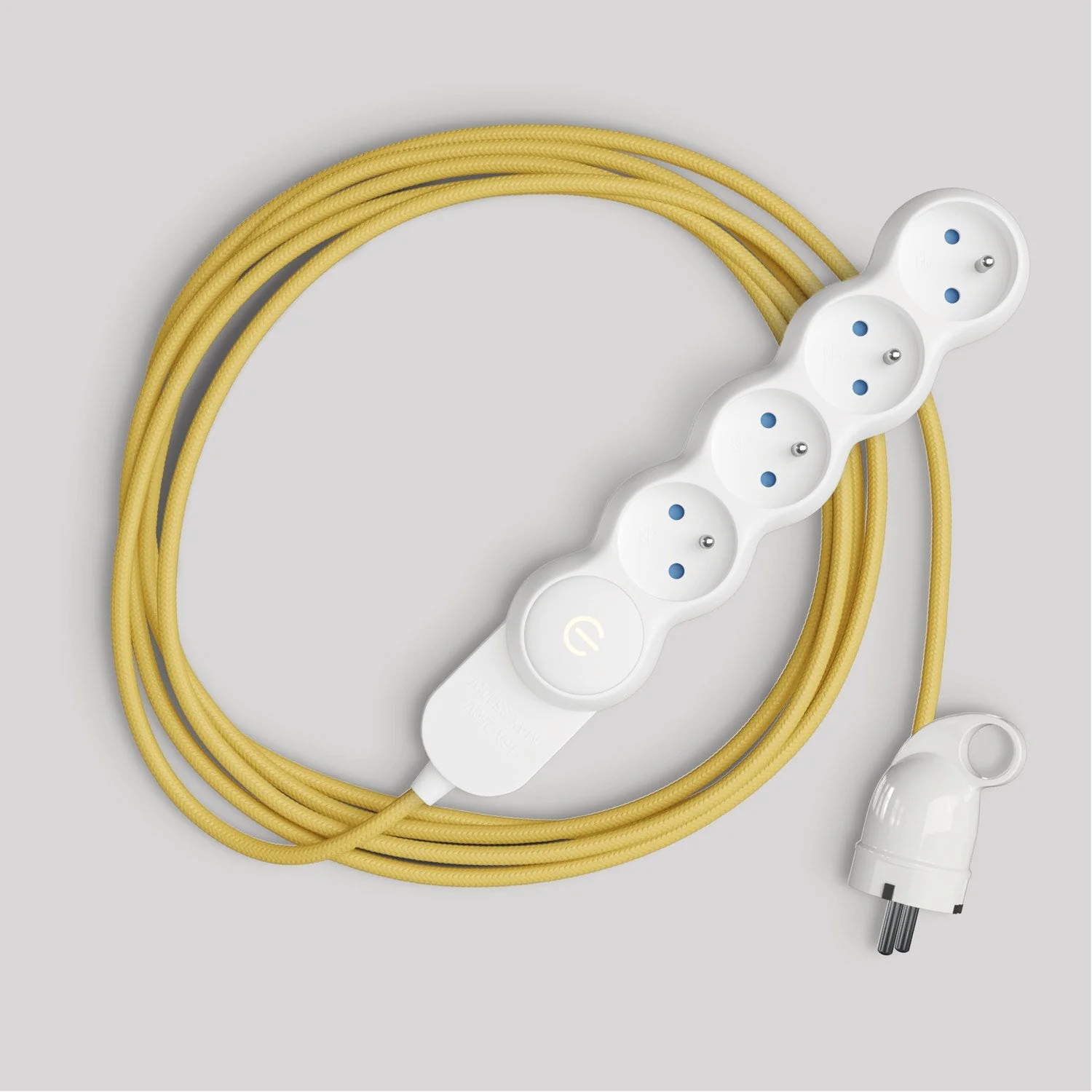 Multiprise française avec câble en tissu jaune brillant et fiche Schuko avec anneau comfort