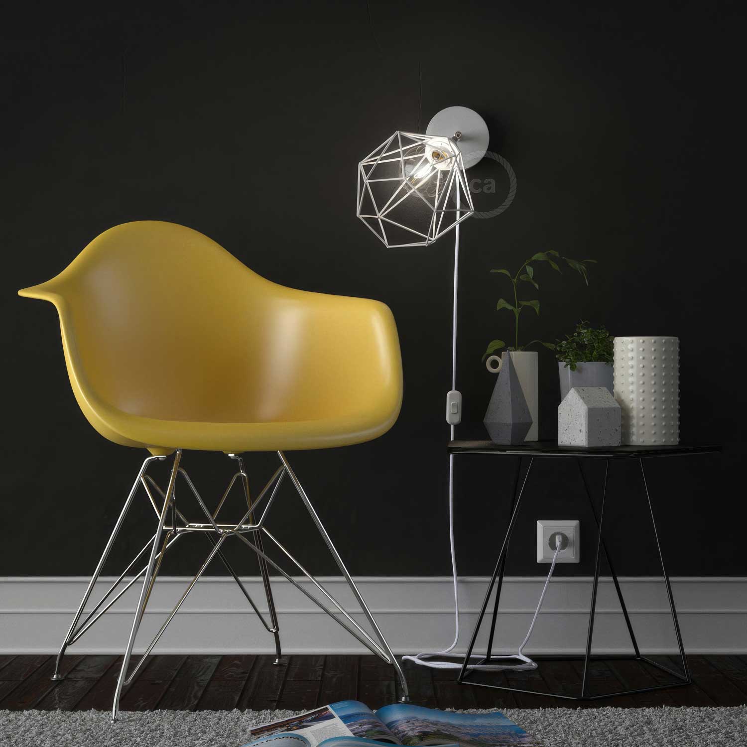 Spostaluce Métal 90° orientable, complet avec douille E27 filetée, câble textile et trous latéraux - Blanc - Image 3