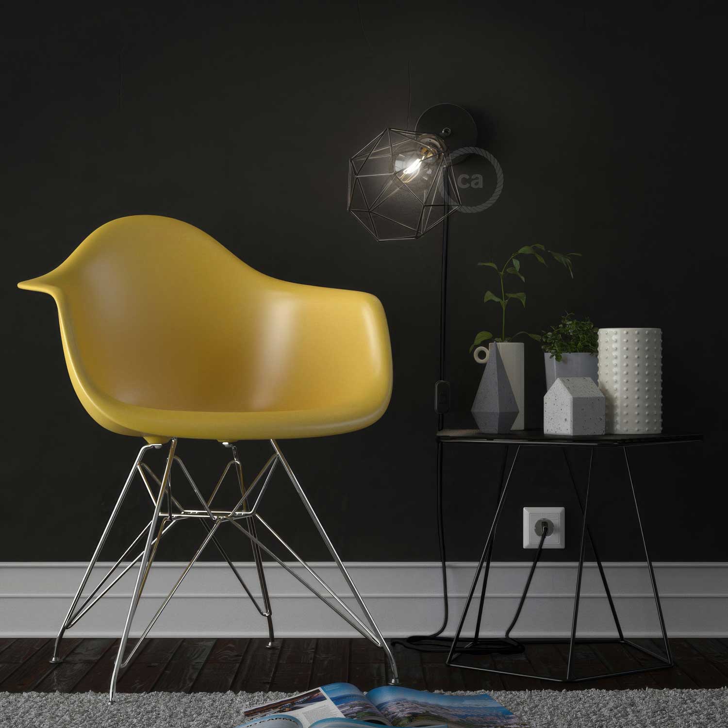 Spostaluce Métal orientable à 90°, complet avec douille E27 filetée, câble textile et trous latéraux - Noir - Image 3